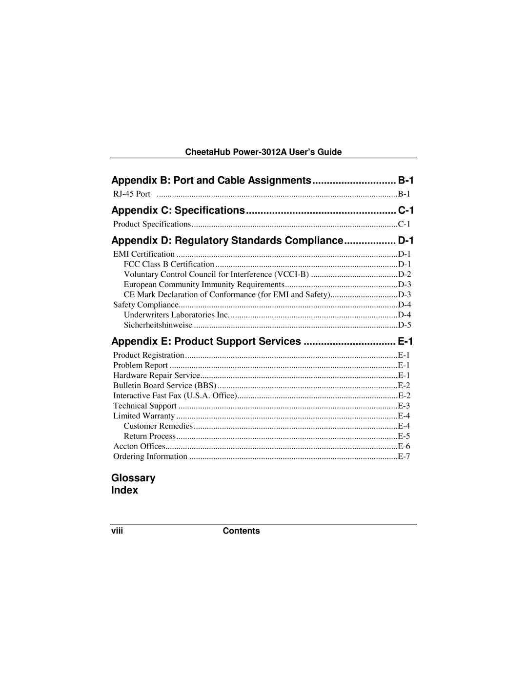 Accton Technology POWER-3012A manual Appendix B Port and Cable Assignments, Appendix C Specifications, Glossary Index 