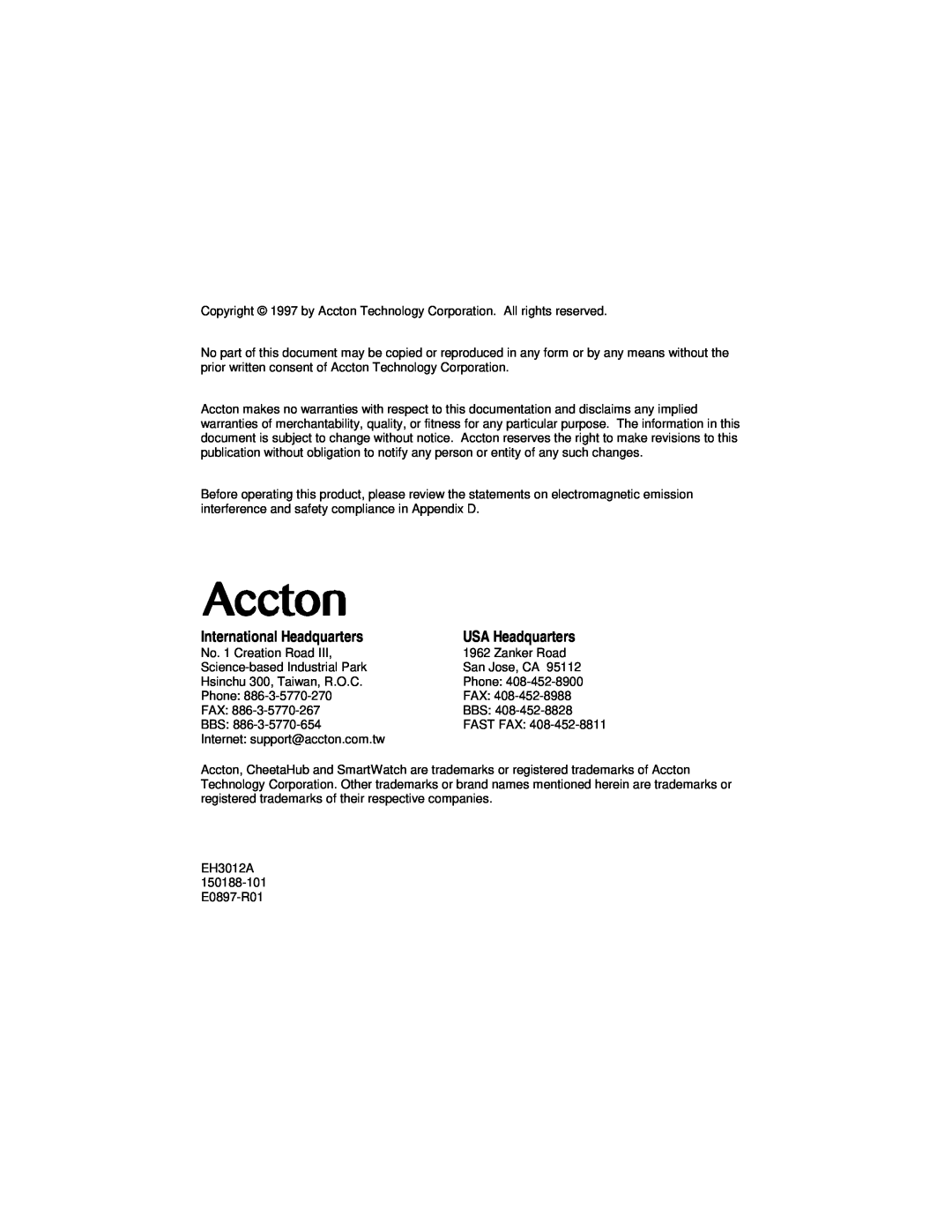 Accton Technology POWER-3012A manual International Headquarters, USA Headquarters, Fast Fax 