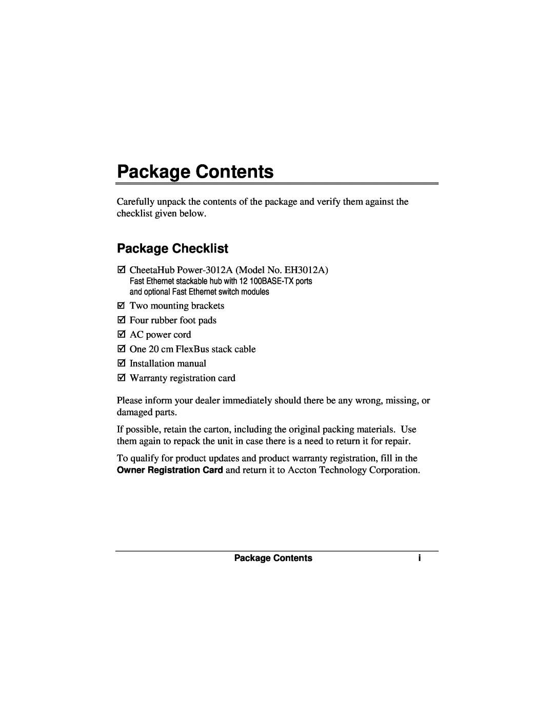 Accton Technology POWER-3012A manual Package Contents, Package Checklist 