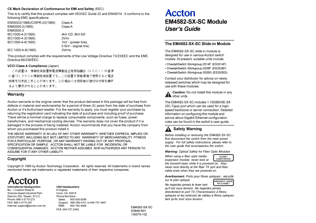 Accton Technology warranty Warranty, Copyright, EM4582-SX-SC Slide-in Module, Safety Warning 