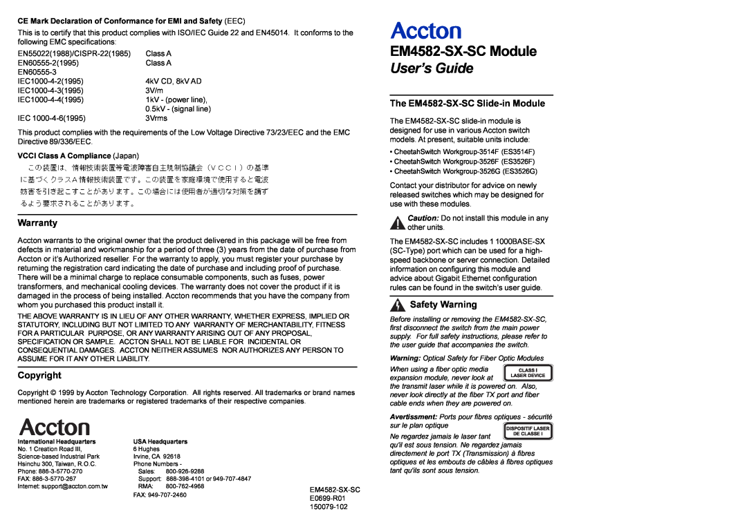 Accton Technology warranty Warranty, Copyright, The EM4582-SX-SC Slide-in Module, Safety Warning, EM4582-SX-SC Module 