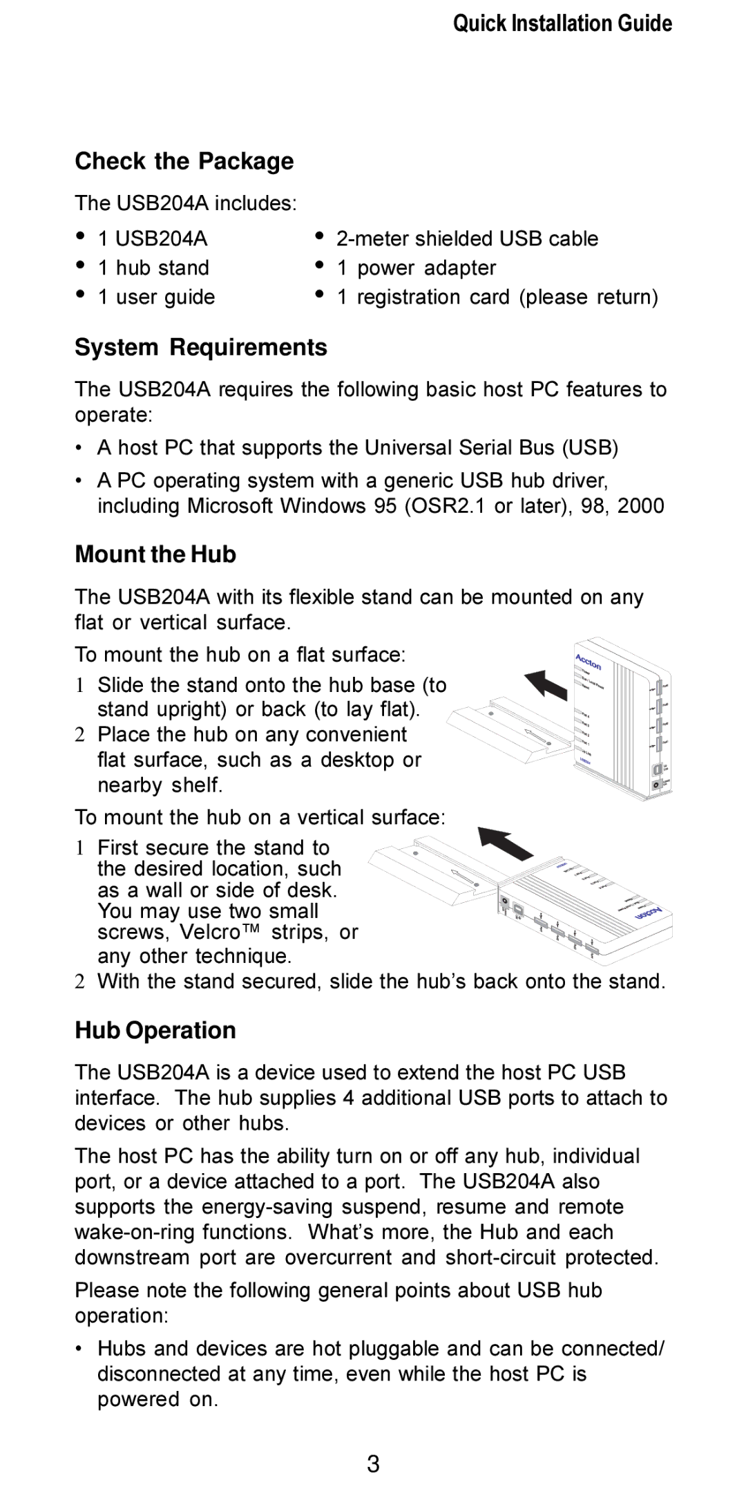 Accton Technology USB204A Quick Installation Guide Check the Package, System Requirements, Mount the Hub, Hub Operation 