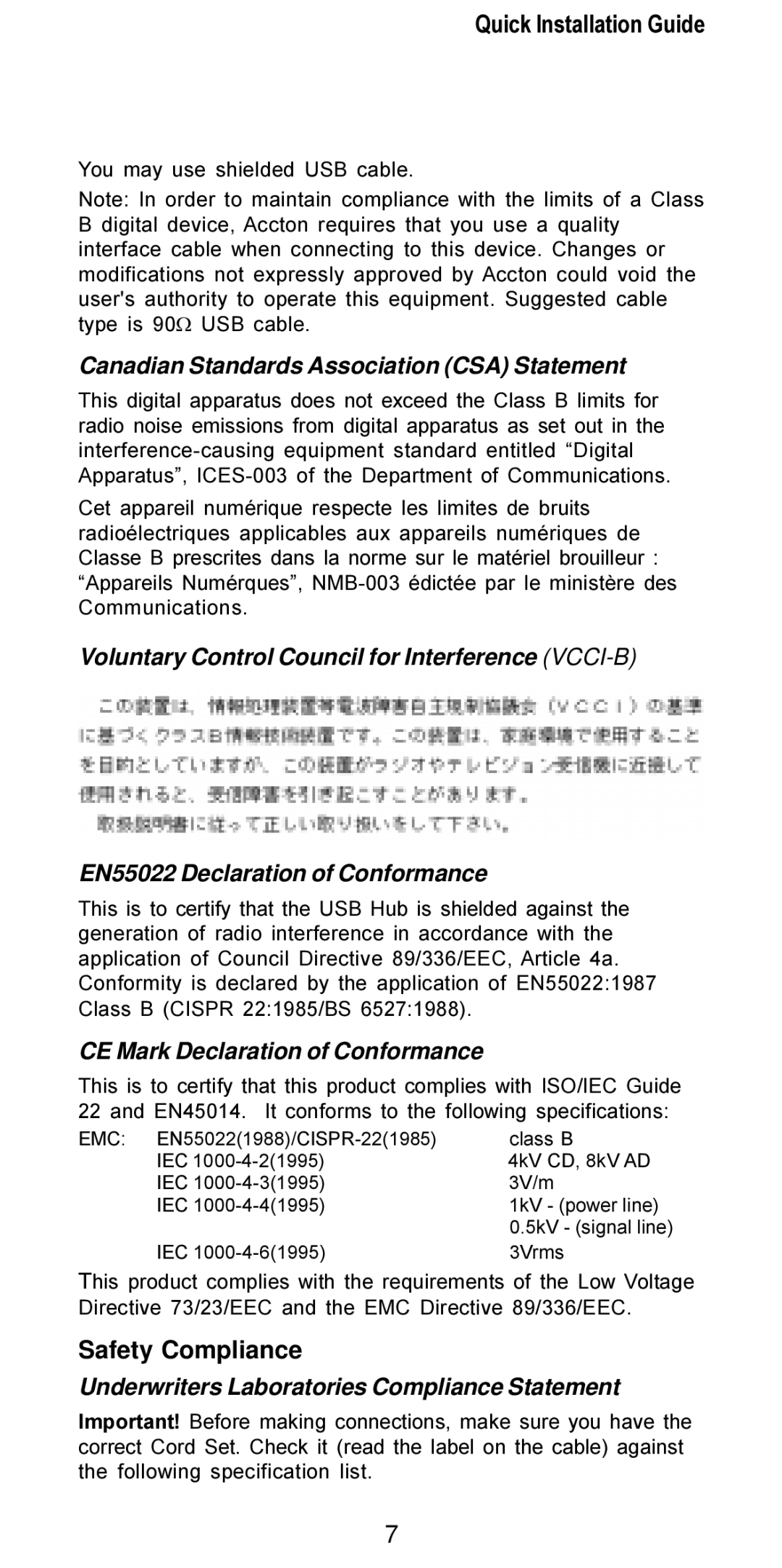 Accton Technology USB204A manual Safety Compliance, Canadian Standards Association CSA Statement 