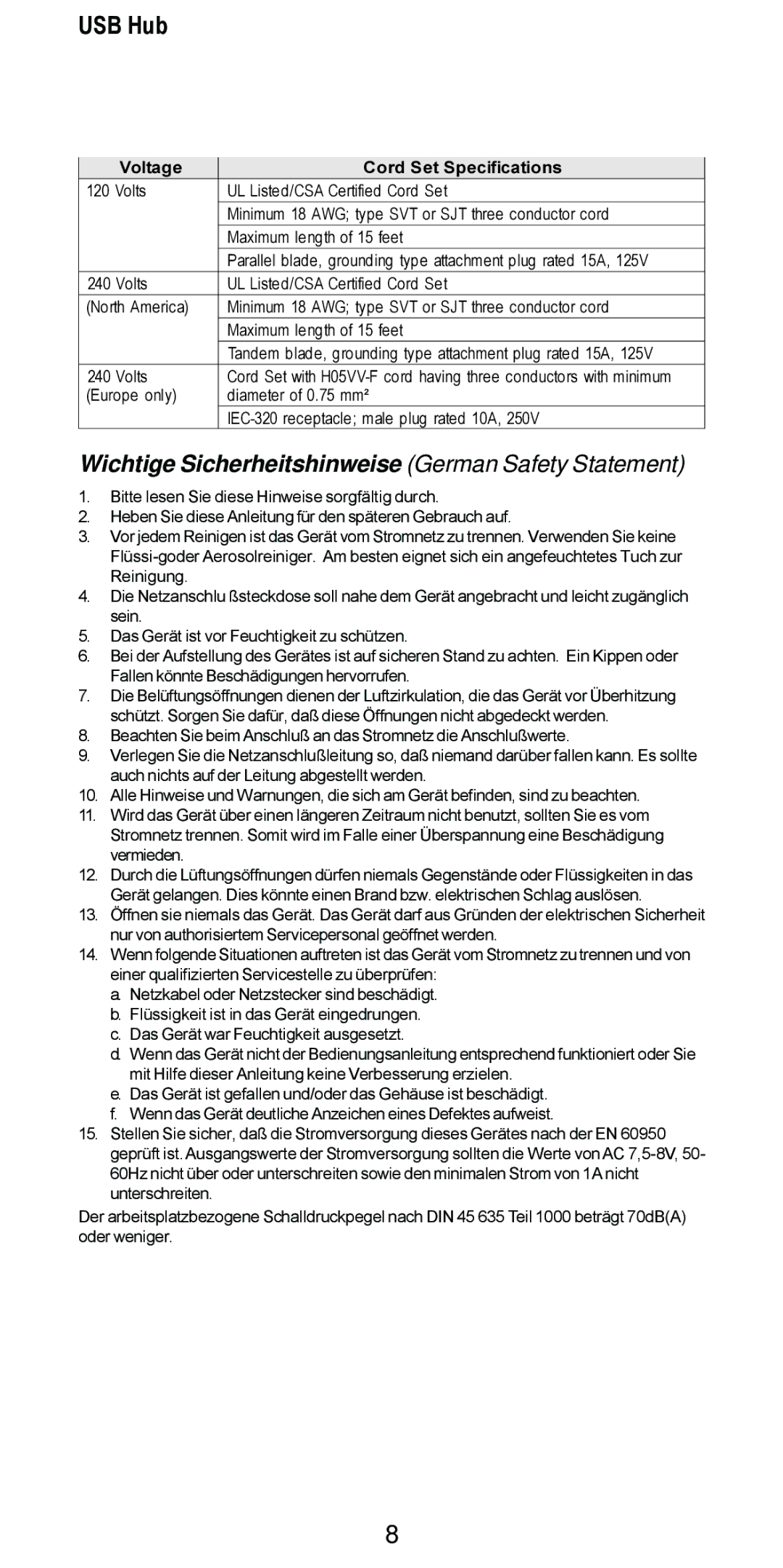 Accton Technology USB204A manual Wichtige Sicherheitshinweise German Safety Statement, Voltage Cord Set Specifications 