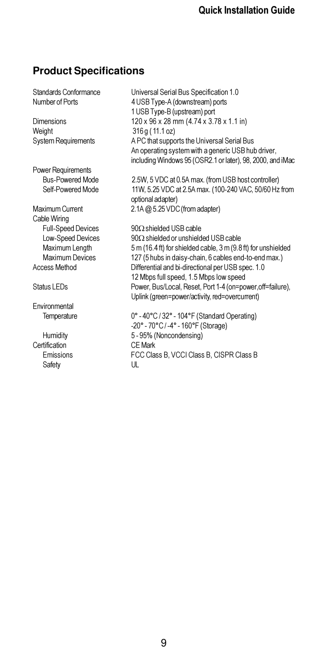 Accton Technology USB204A manual Quick Installation Guide Product Specifications, Status LEDs 