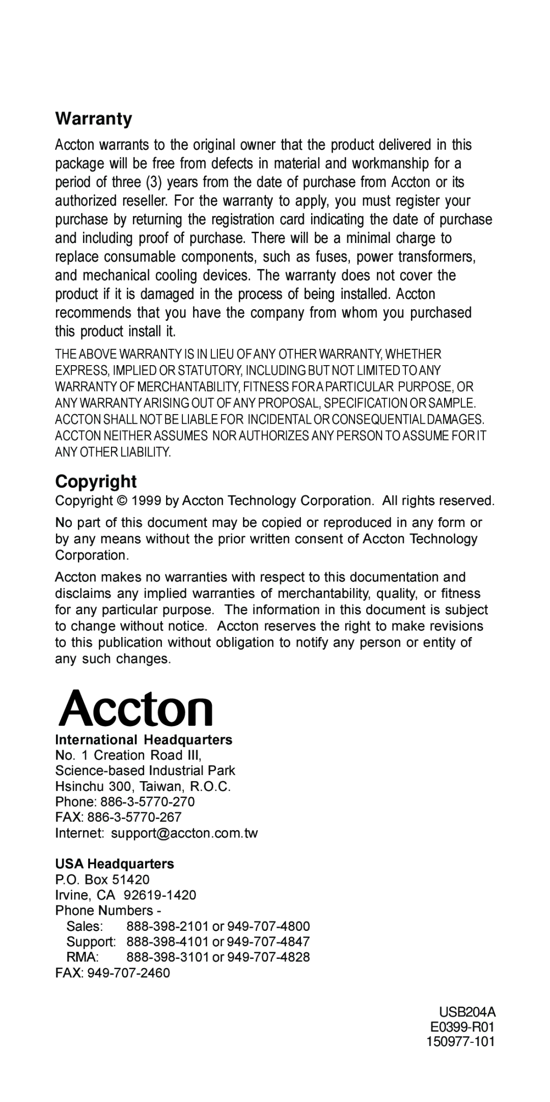 Accton Technology USB204A manual USB Hub Warranty, Copyright, International Headquarters, USA Headquarters 
