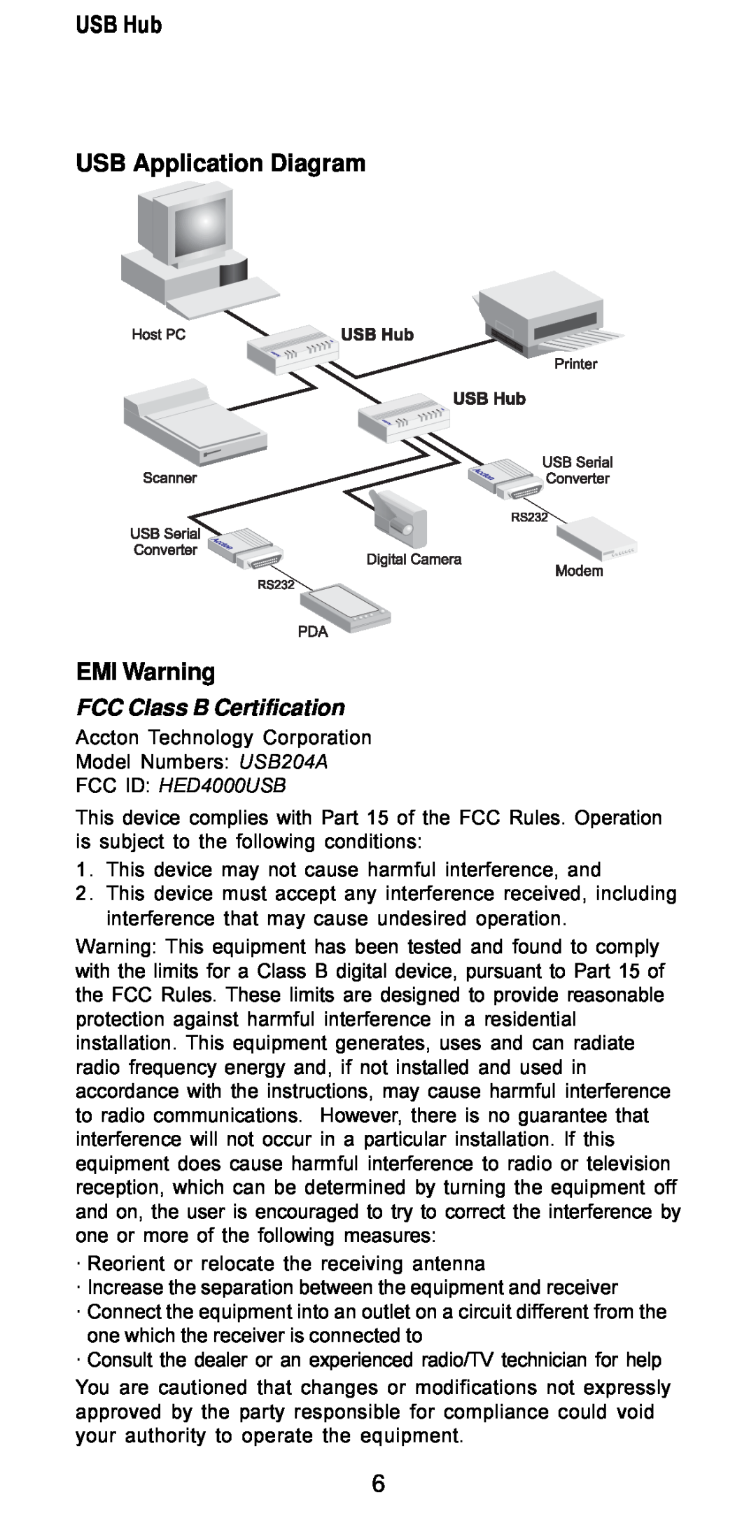 Accton Technology USB204A manual USB Hub USB Application Diagram EMI Warning, FCC Class B Certification 