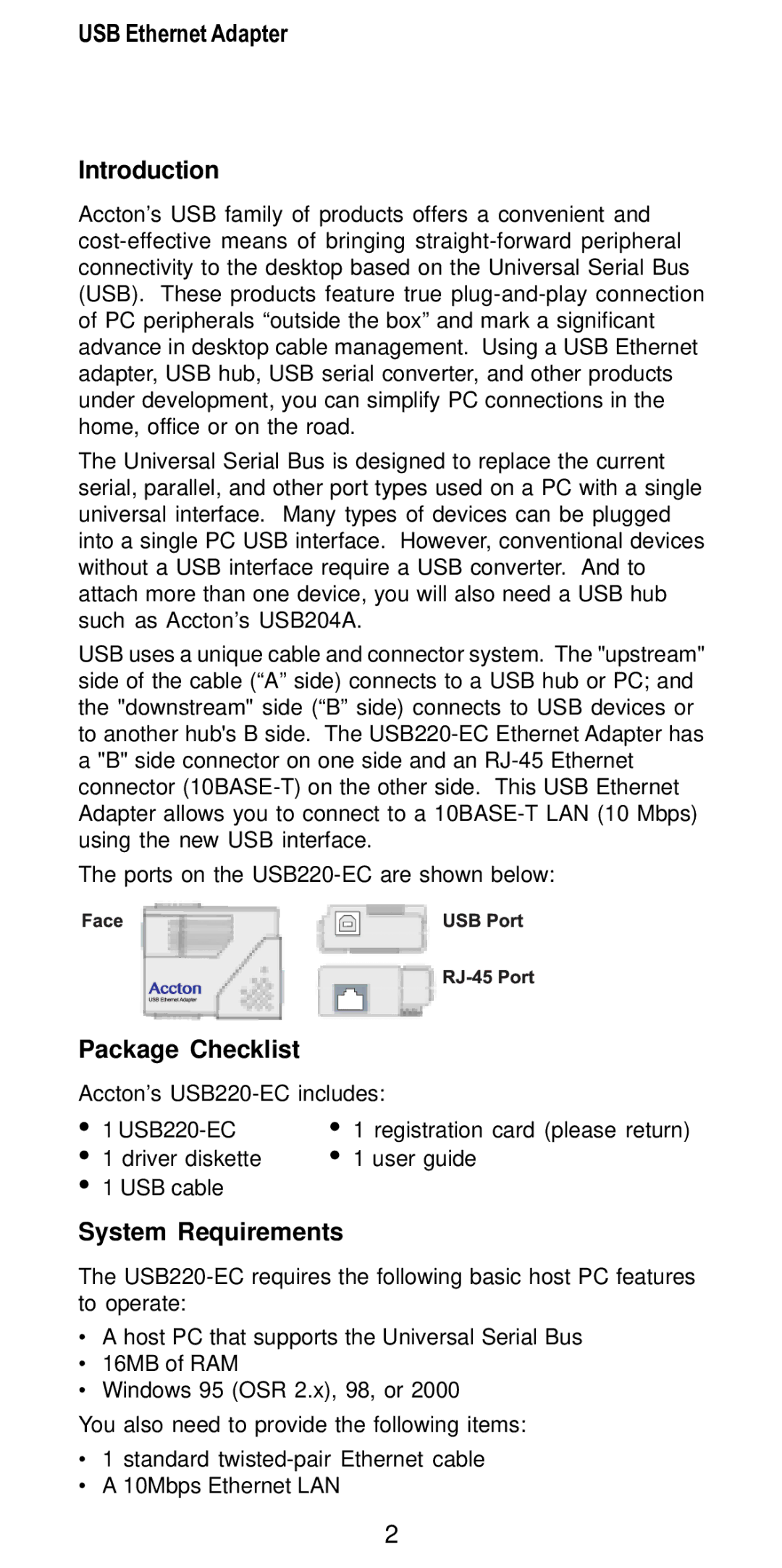 Accton Technology USB220-EC, USB Ethernet Adapter manual Introduction, Package Checklist, System Requirements 