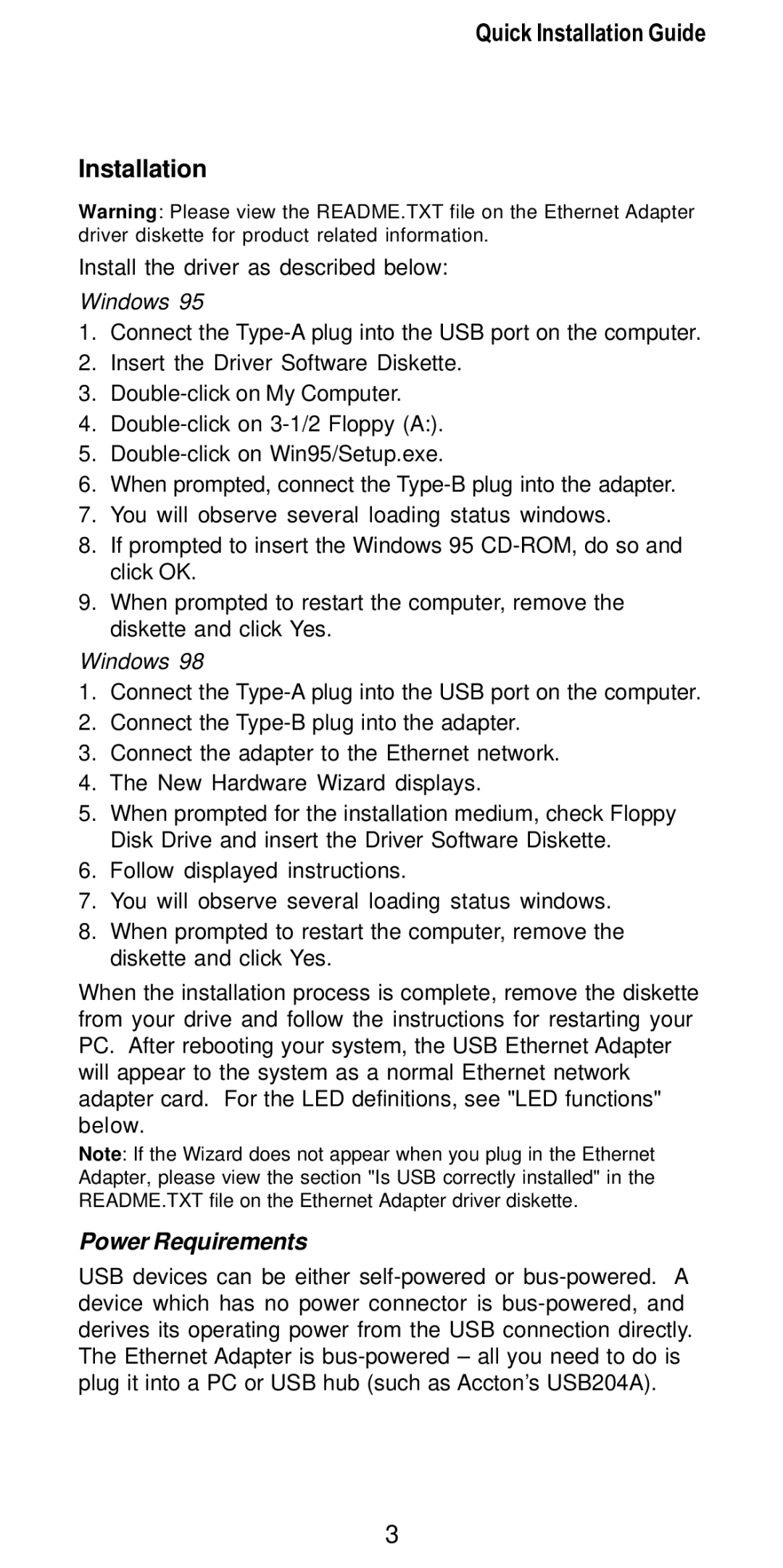 Accton Technology USB Ethernet Adapter, USB220-EC manual Installation, Power Requirements 