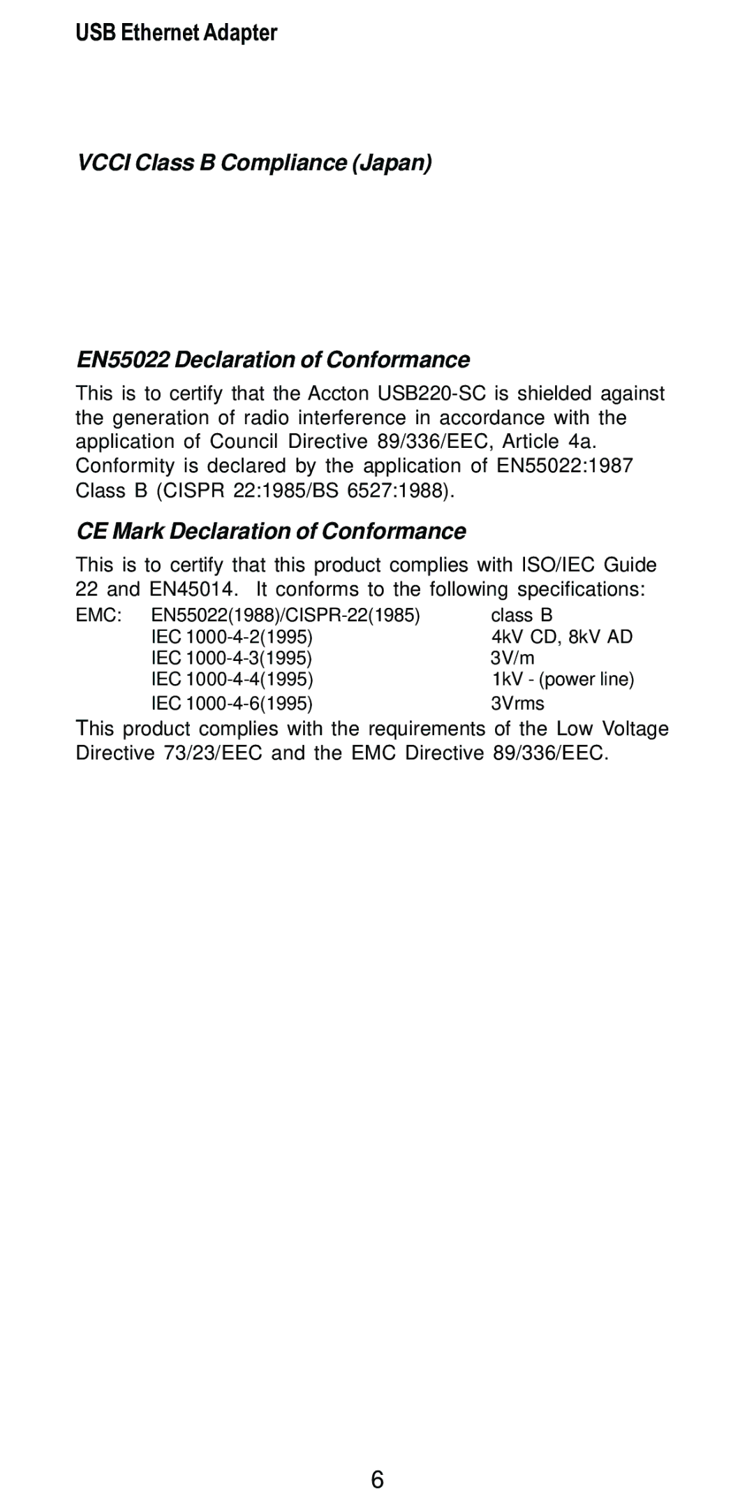 Accton Technology USB220-EC, USB Ethernet Adapter manual CE Mark Declaration of Conformance 