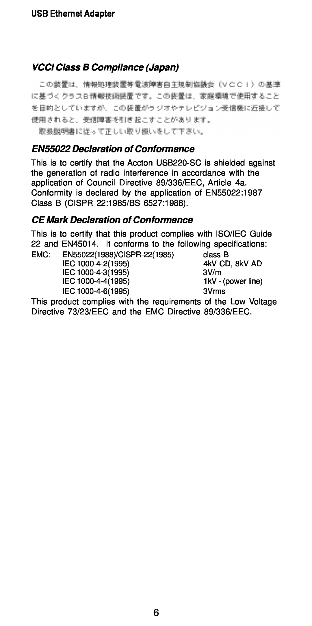 Accton Technology USB220-EC manual VCCI Class B Compliance Japan EN55022 Declaration of Conformance, USB Ethernet Adapter 