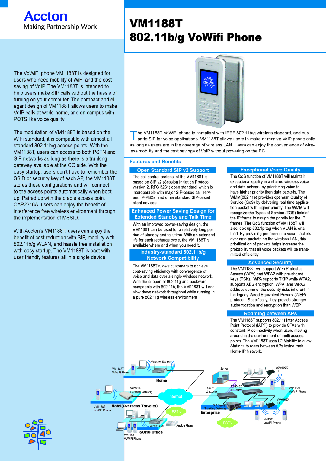 Accton Technology VM1188T manual Open Standard SIP v2 Support, Industry-standard 802.11b/g Network Compatibility 