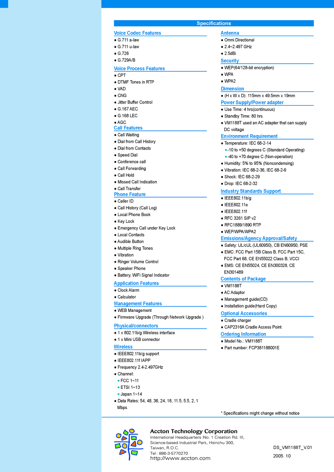 Accton Technology VM1188T manual Speciﬁcations 