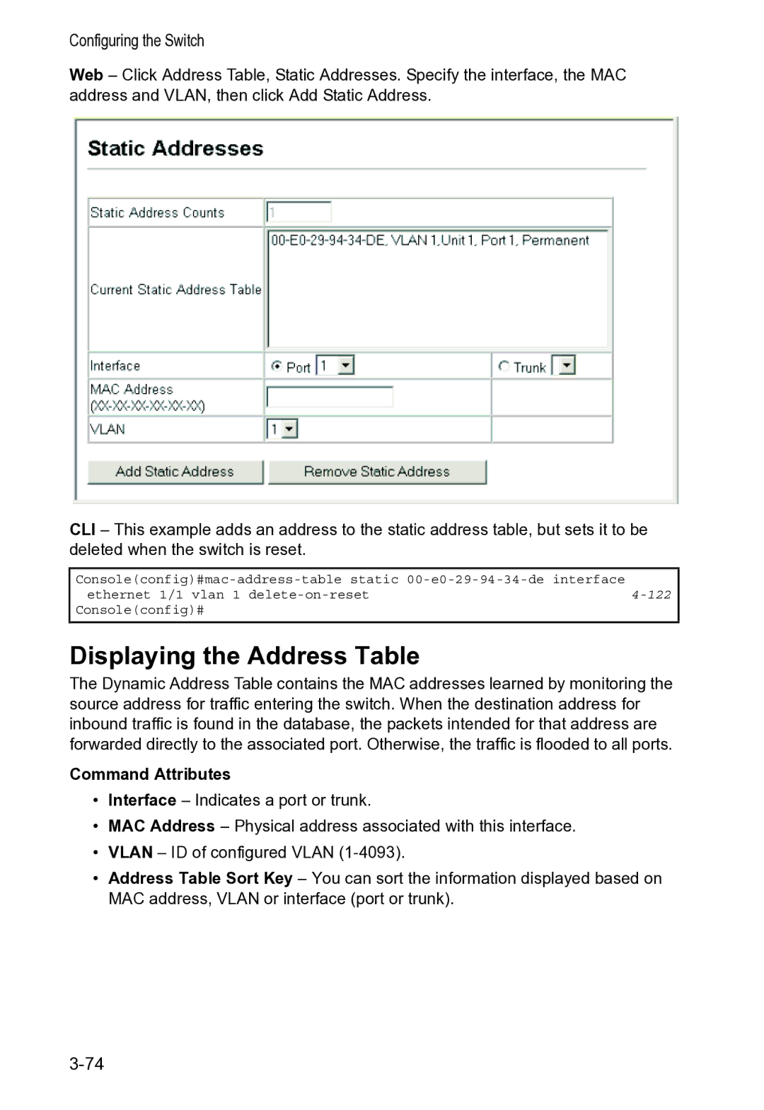 Accton Technology VS4512DC manual Displaying the Address Table 