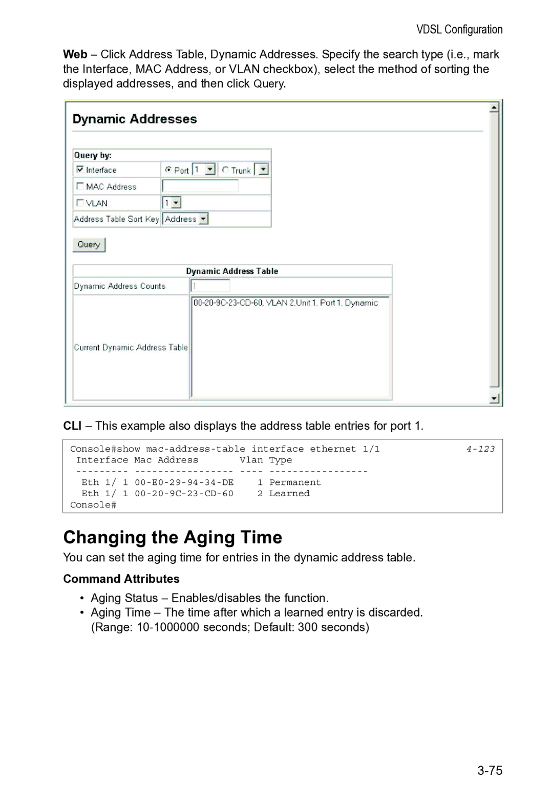 Accton Technology VS4512DC manual Changing the Aging Time, 123 