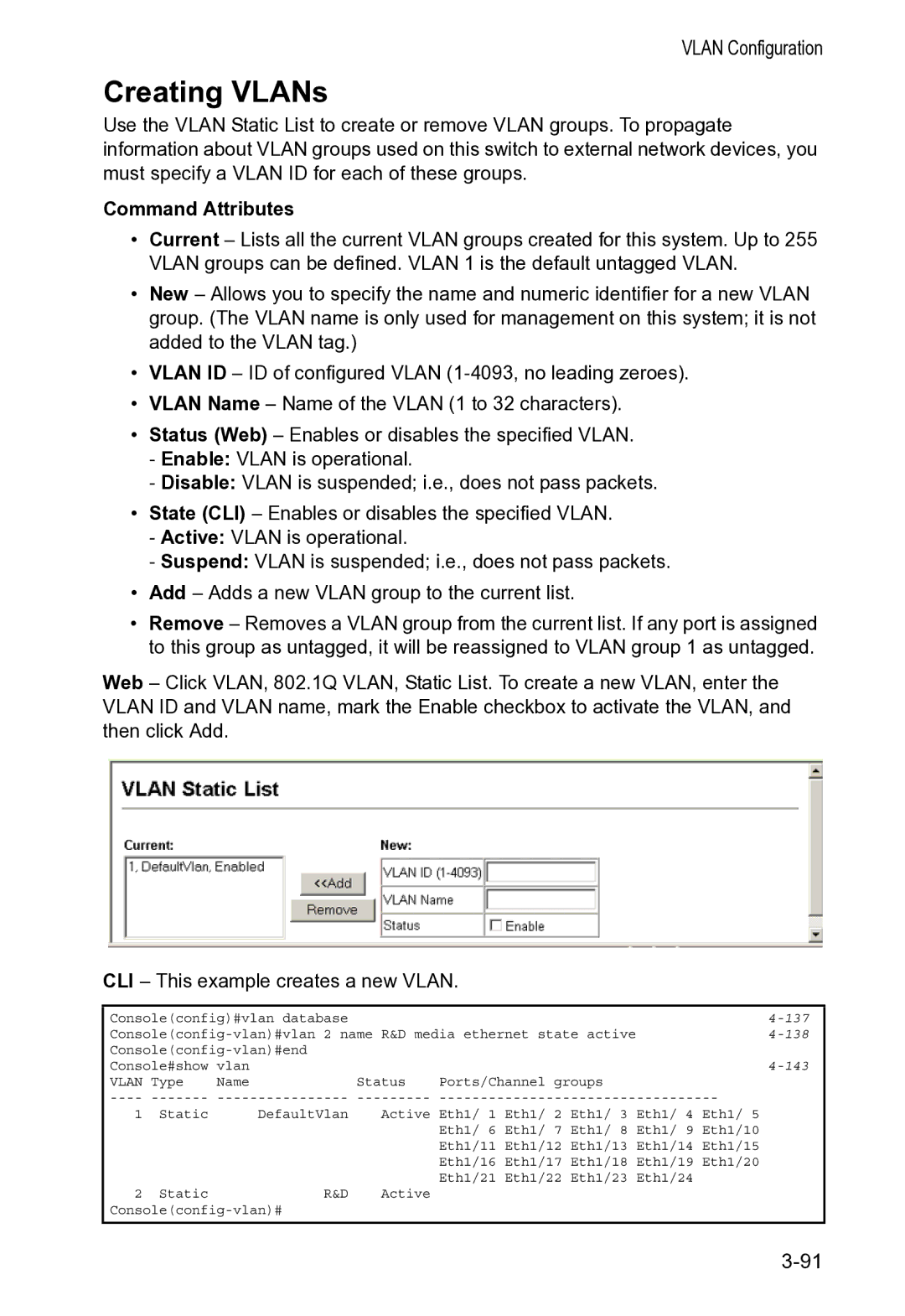 Accton Technology VS4512DC manual Creating VLANs, Command Attributes 