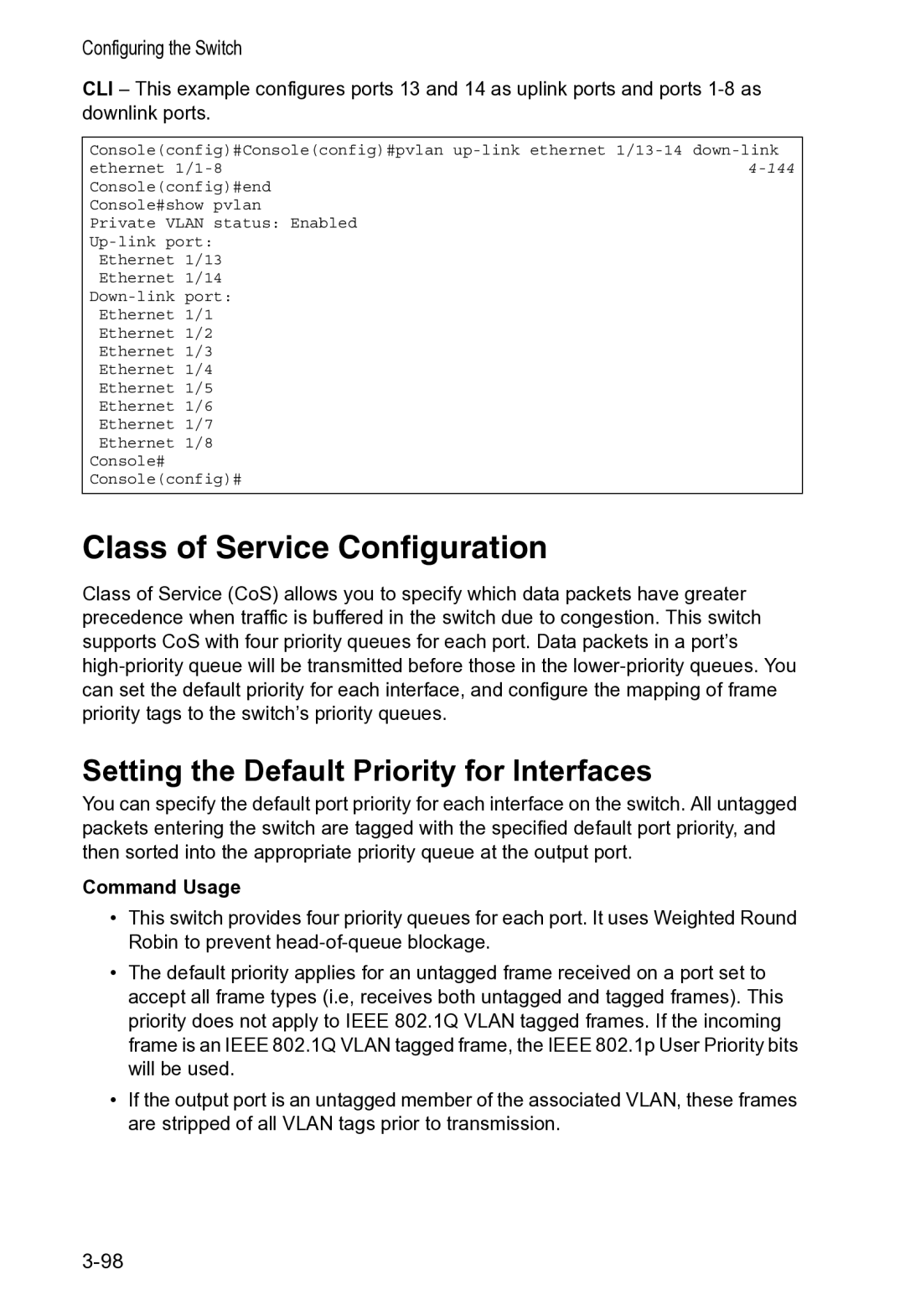 Accton Technology VS4512DC manual Class of Service Configuration, Setting the Default Priority for Interfaces 