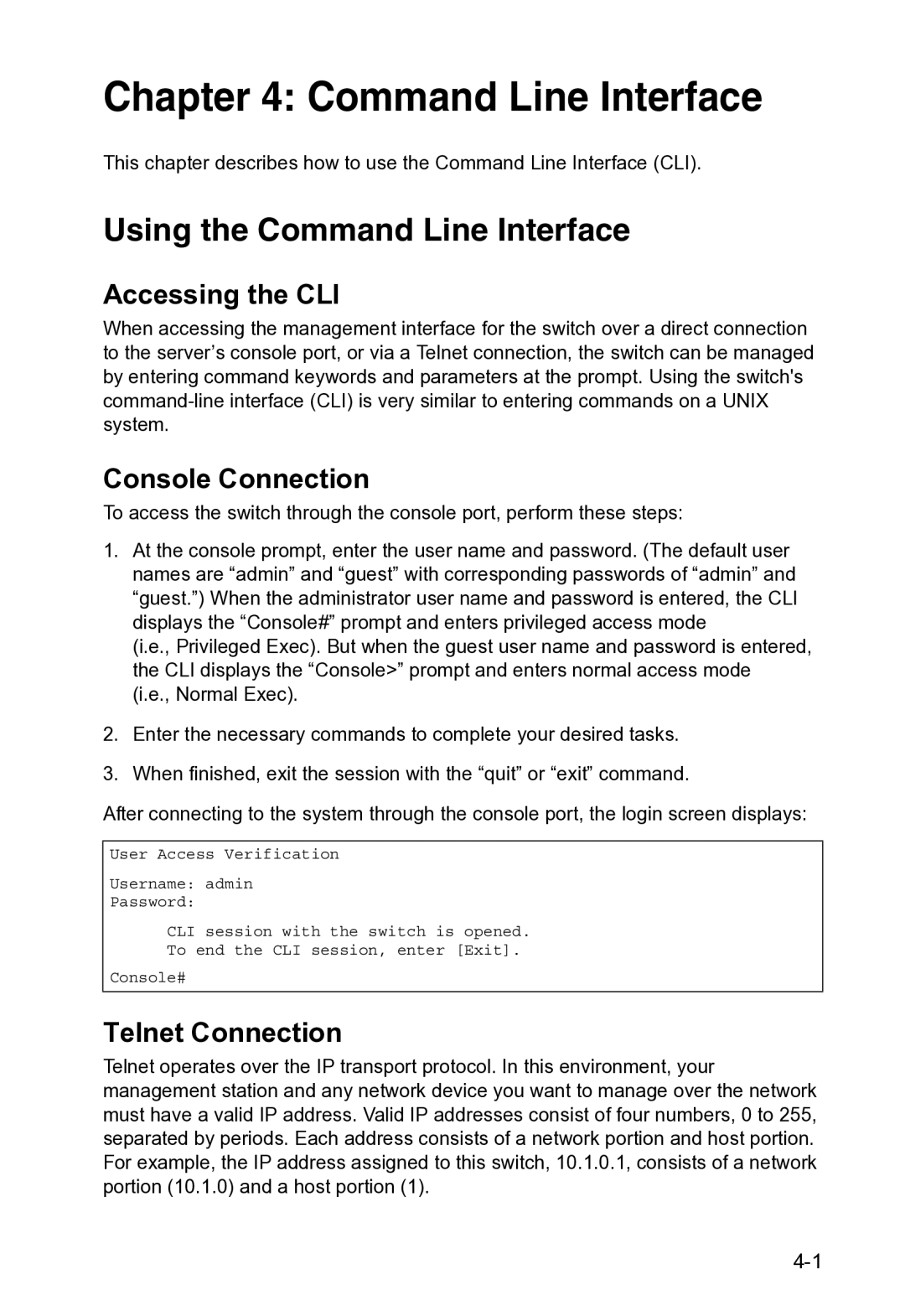 Accton Technology VS4512DC manual Using the Command Line Interface, Accessing the CLI, Telnet Connection 