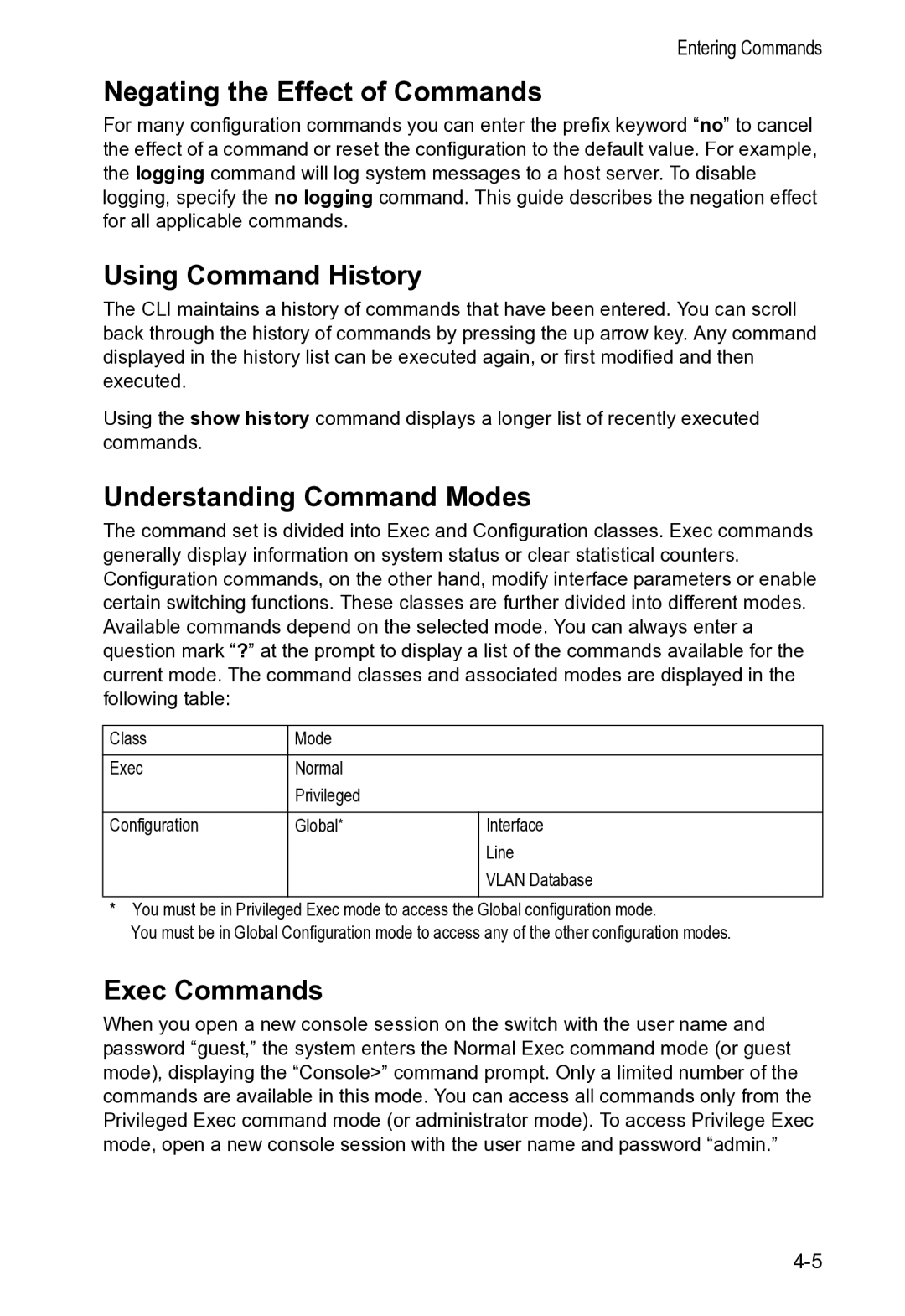 Accton Technology VS4512DC manual Negating the Effect of Commands, Using Command History, Understanding Command Modes 