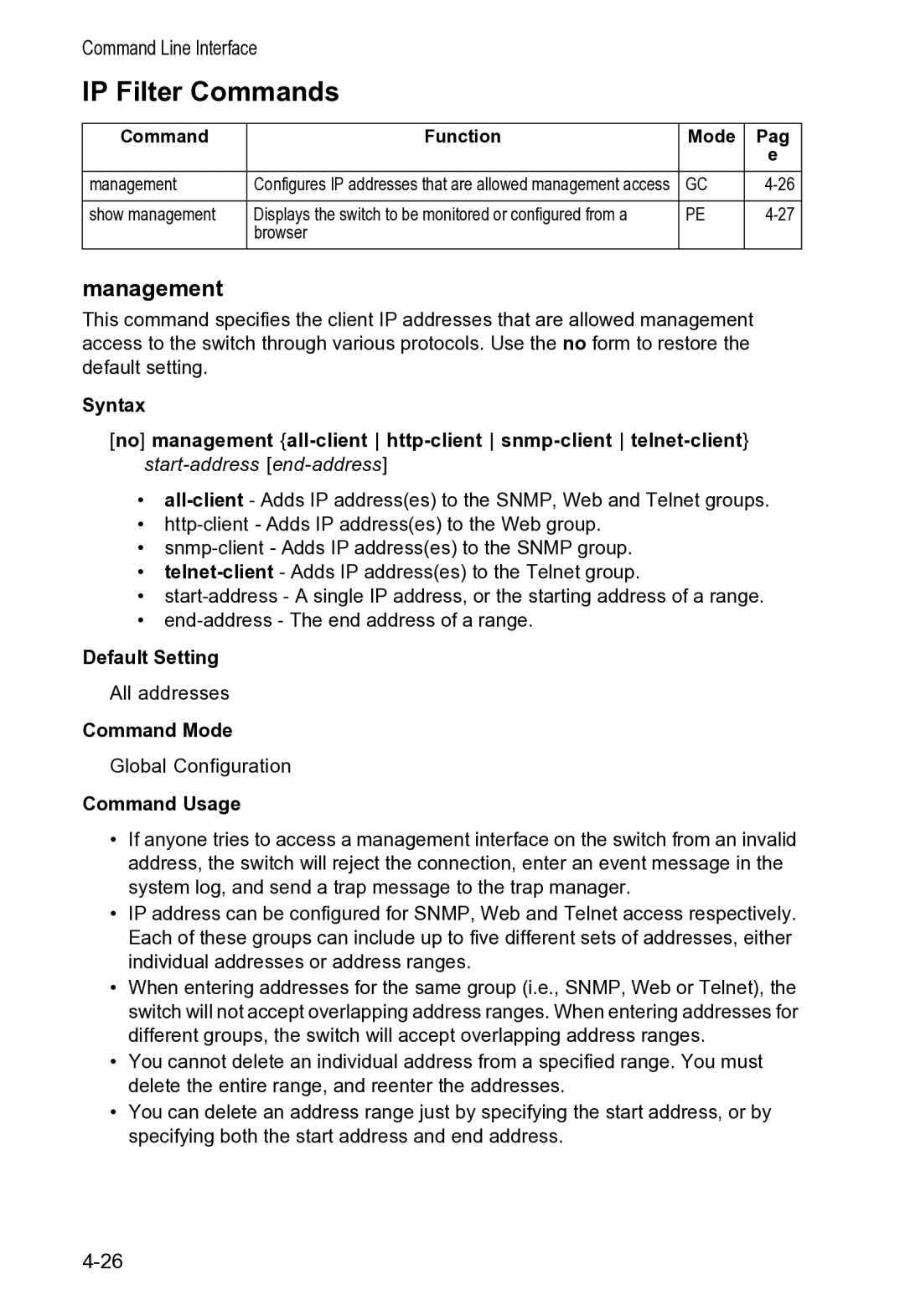 Accton Technology VS4512DC manual IP Filter Commands, Management 