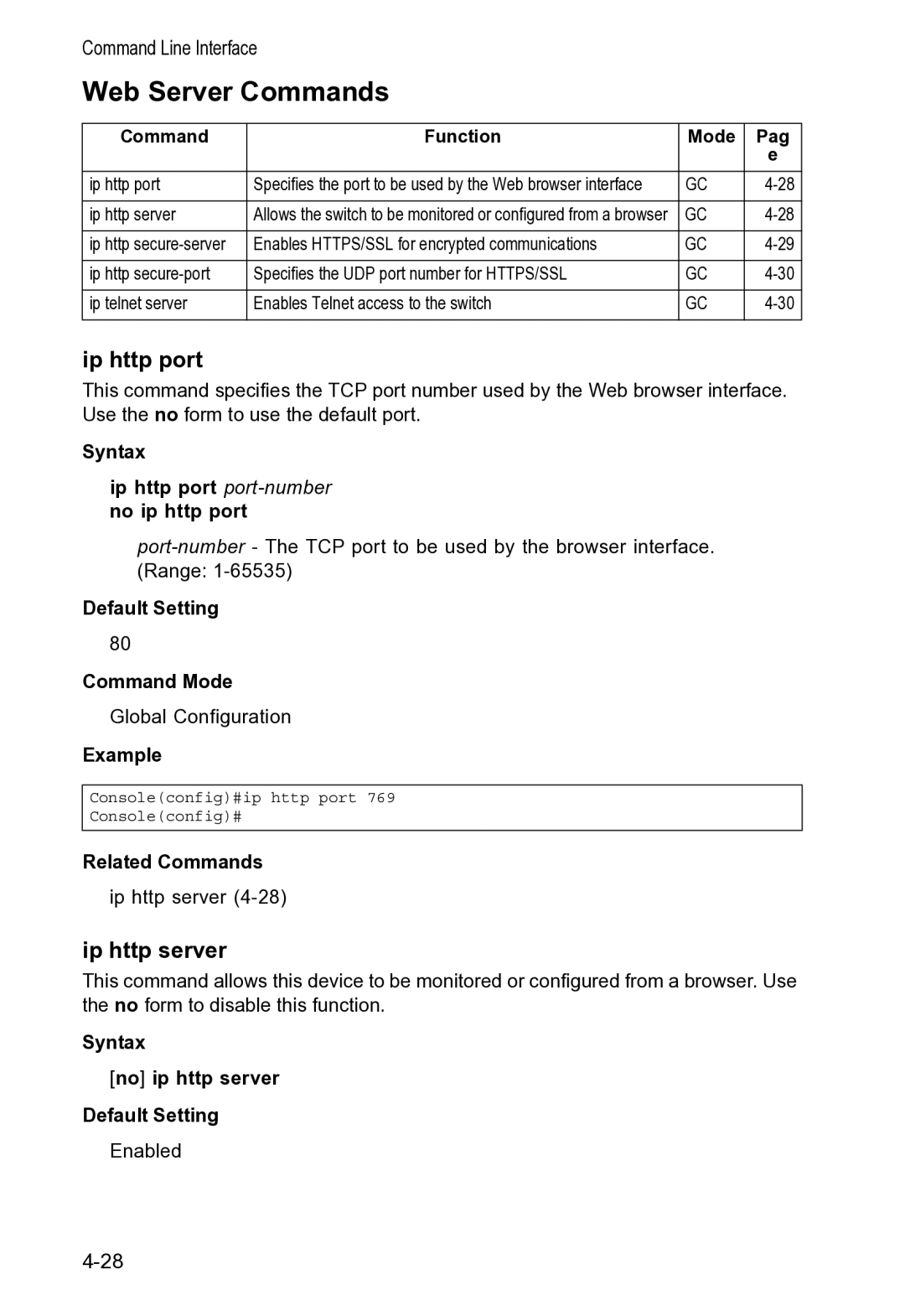 Accton Technology VS4512DC manual Web Server Commands, Ip http port, Ip http server 