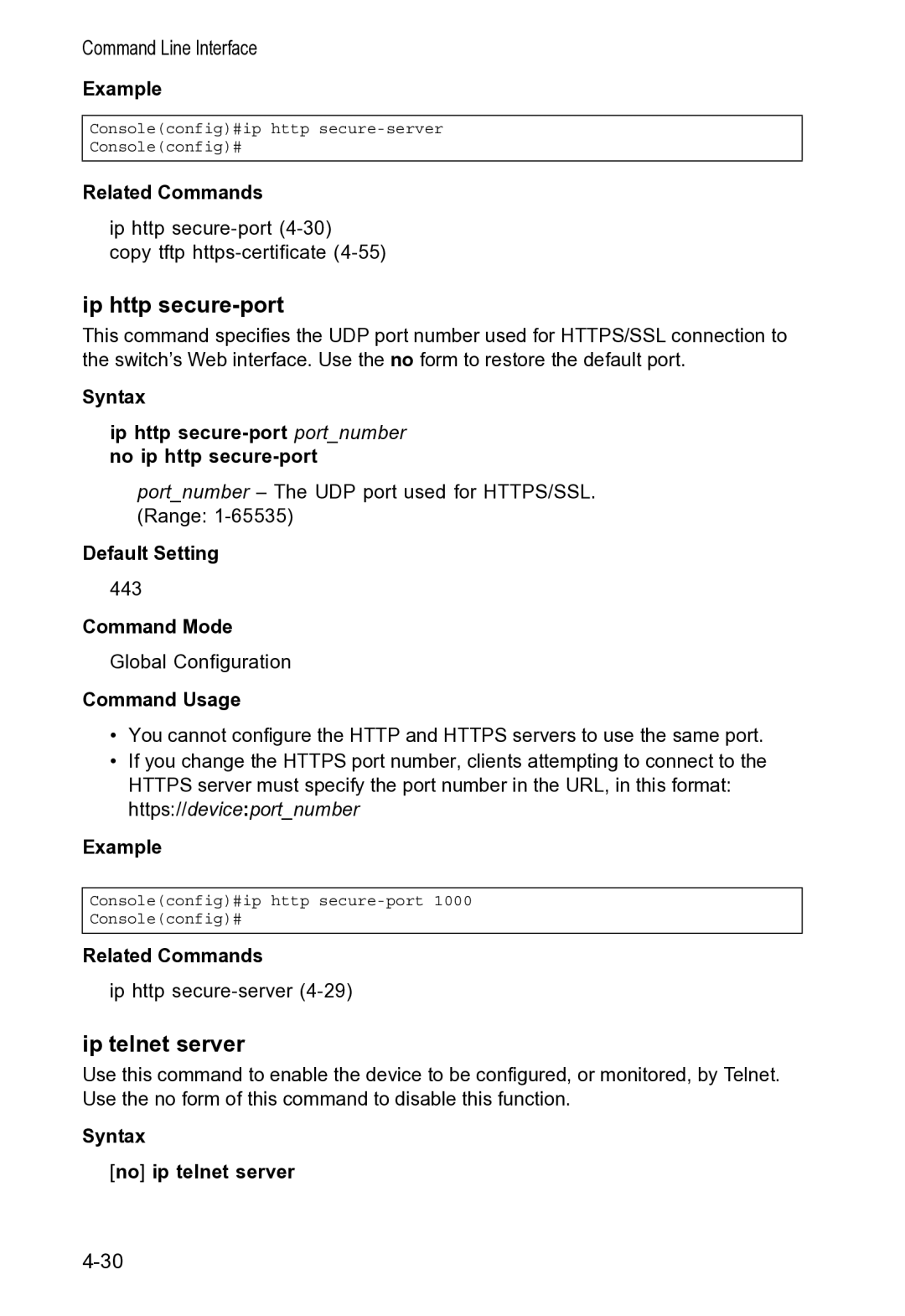 Accton Technology VS4512DC manual Ip http secure-port, Ip telnet server, Syntax No ip telnet server 