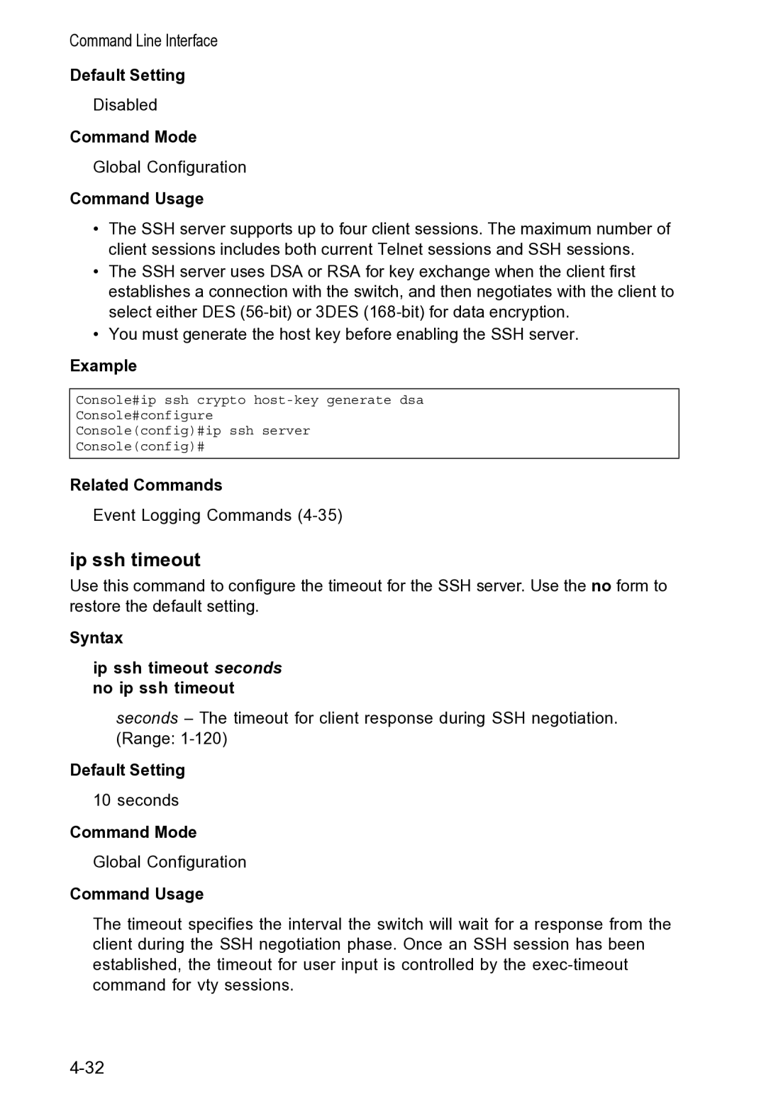 Accton Technology VS4512DC manual Syntax Ip ssh timeout seconds no ip ssh timeout 