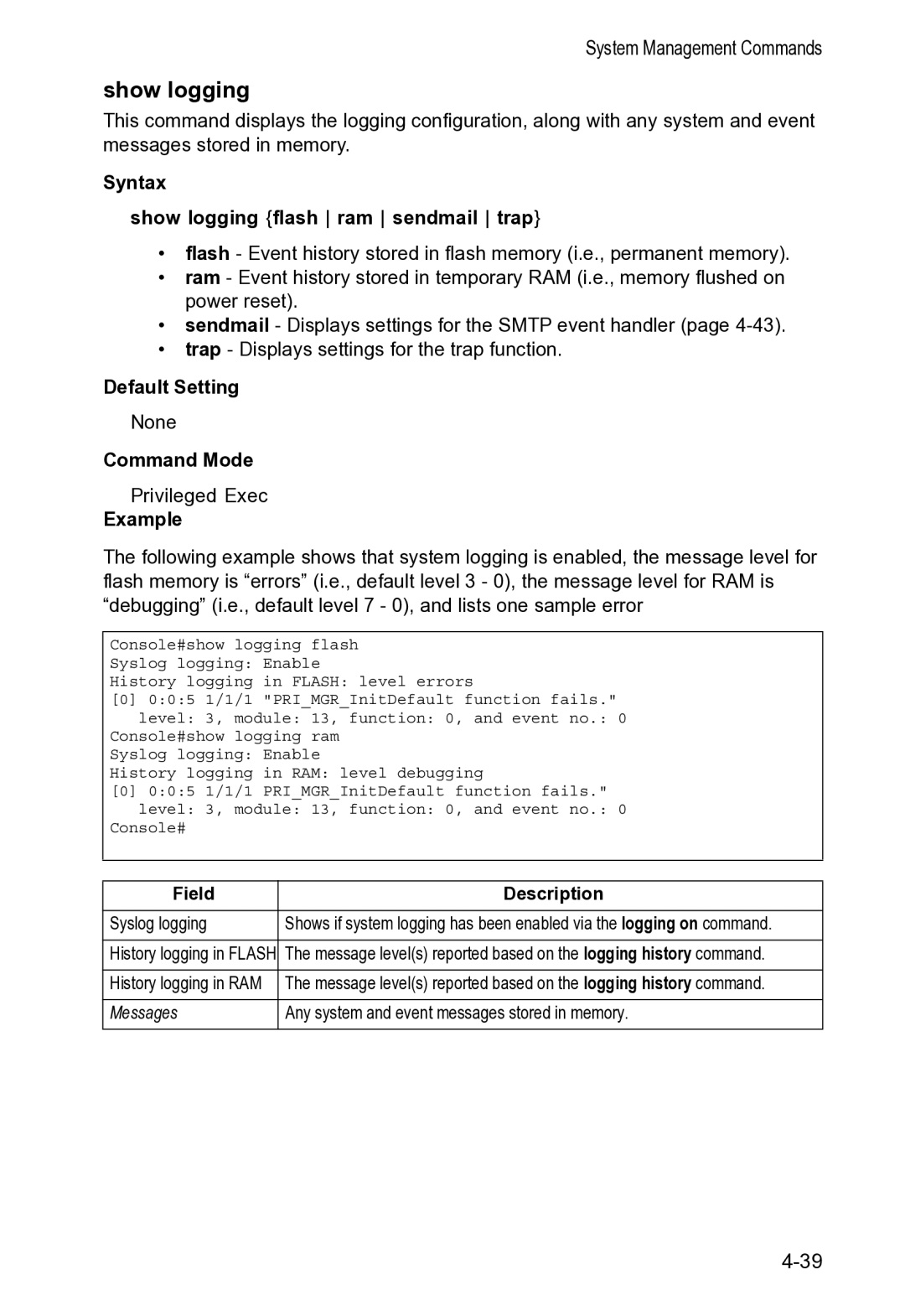 Accton Technology VS4512DC manual Syntax Show logging flash ram sendmail trap 