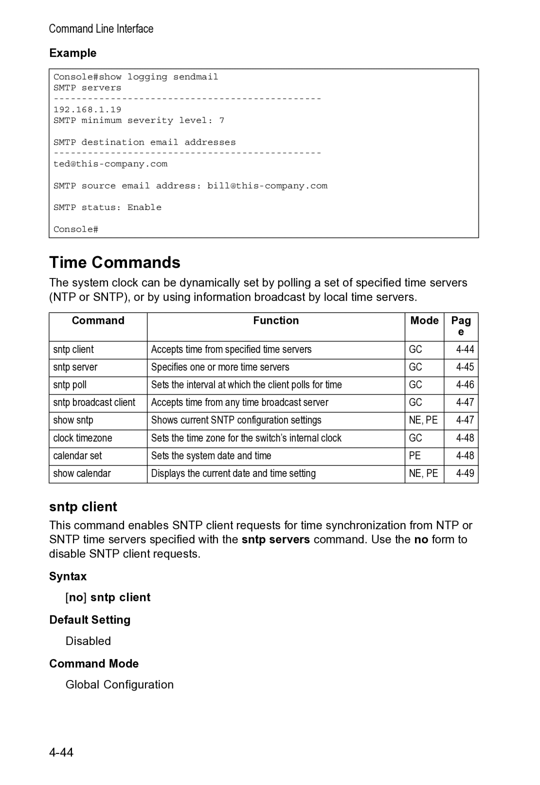 Accton Technology VS4512DC manual Time Commands, Sntp client, Syntax No sntp client Default Setting 