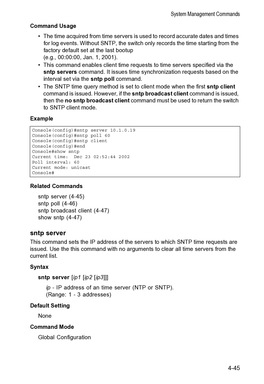 Accton Technology VS4512DC manual Syntax Sntp server ip1 ip2 ip3 