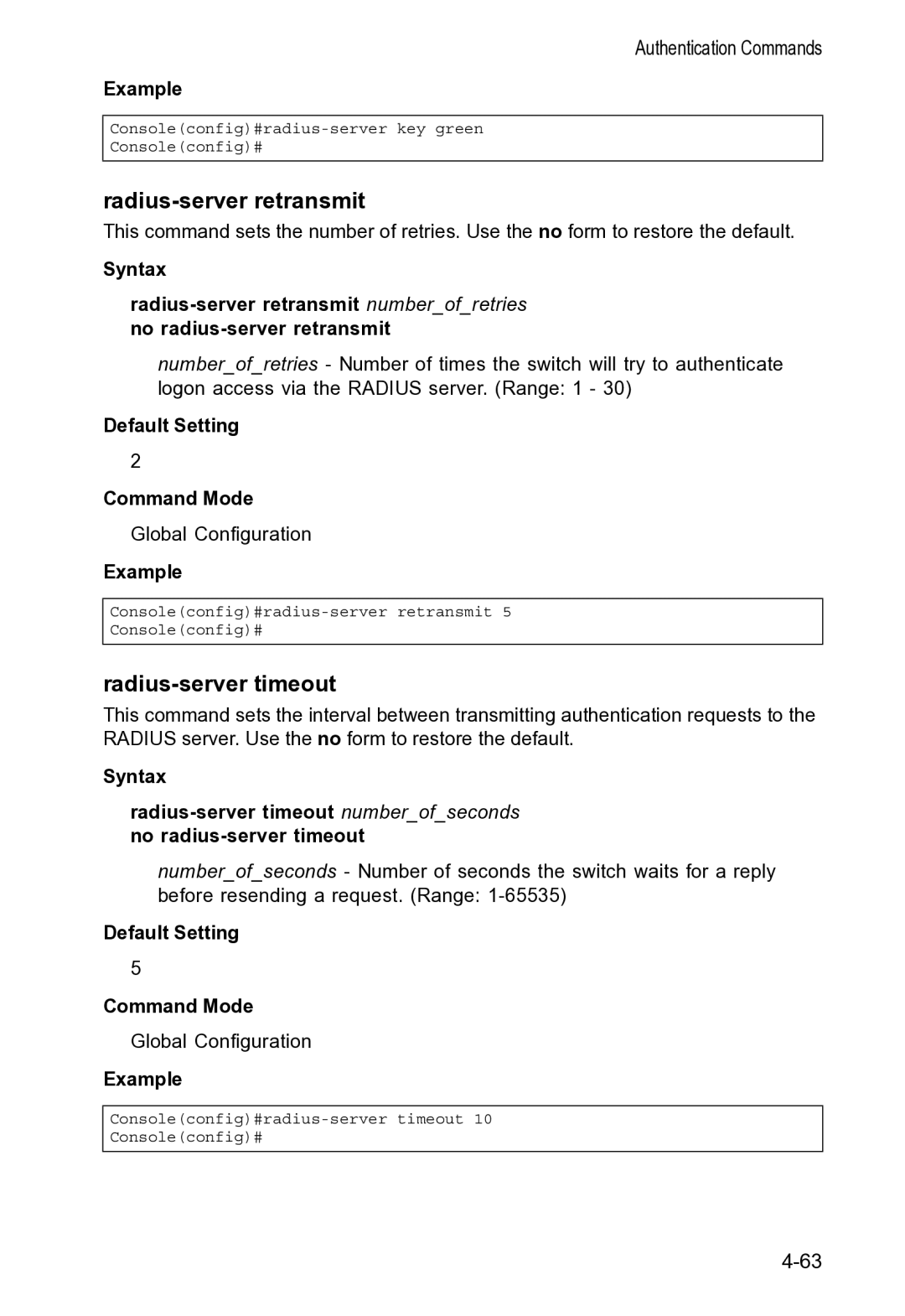 Accton Technology VS4512DC manual Radius-server retransmit, Radius-server timeout 