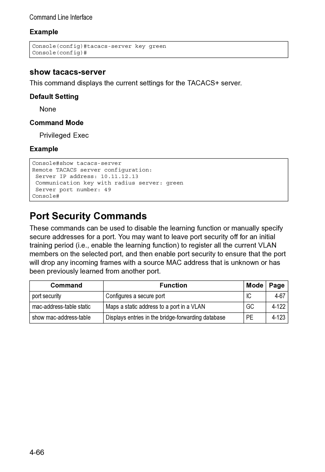 Accton Technology VS4512DC manual Port Security Commands, Show tacacs-server 