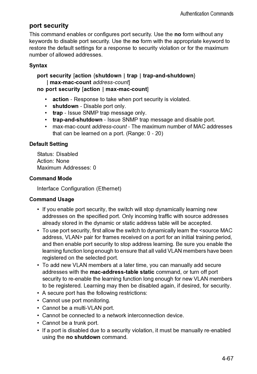 Accton Technology VS4512DC manual Port security, Command Usage 