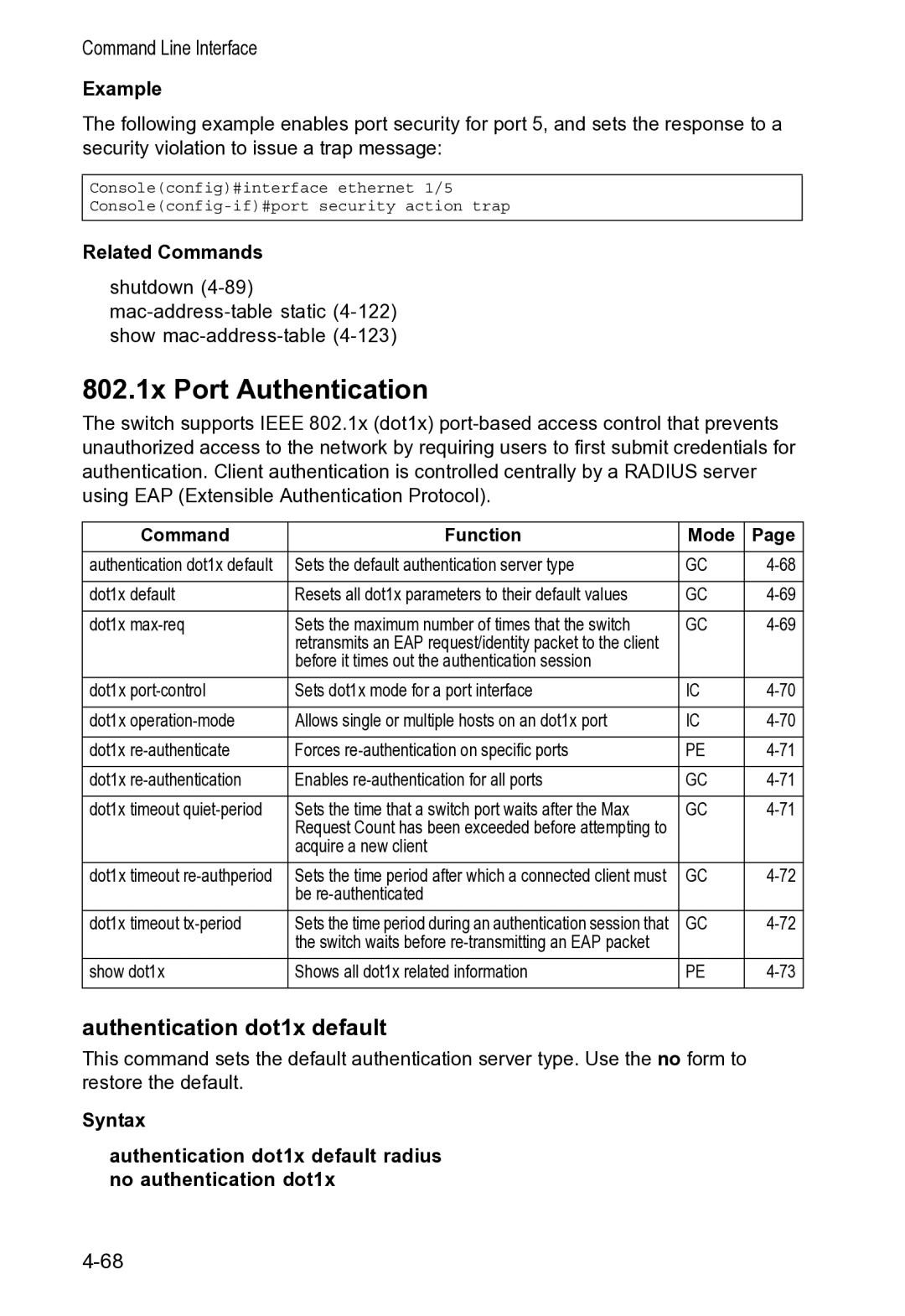 Accton Technology VS4512DC manual 802.1x Port Authentication, Authentication dot1x default 