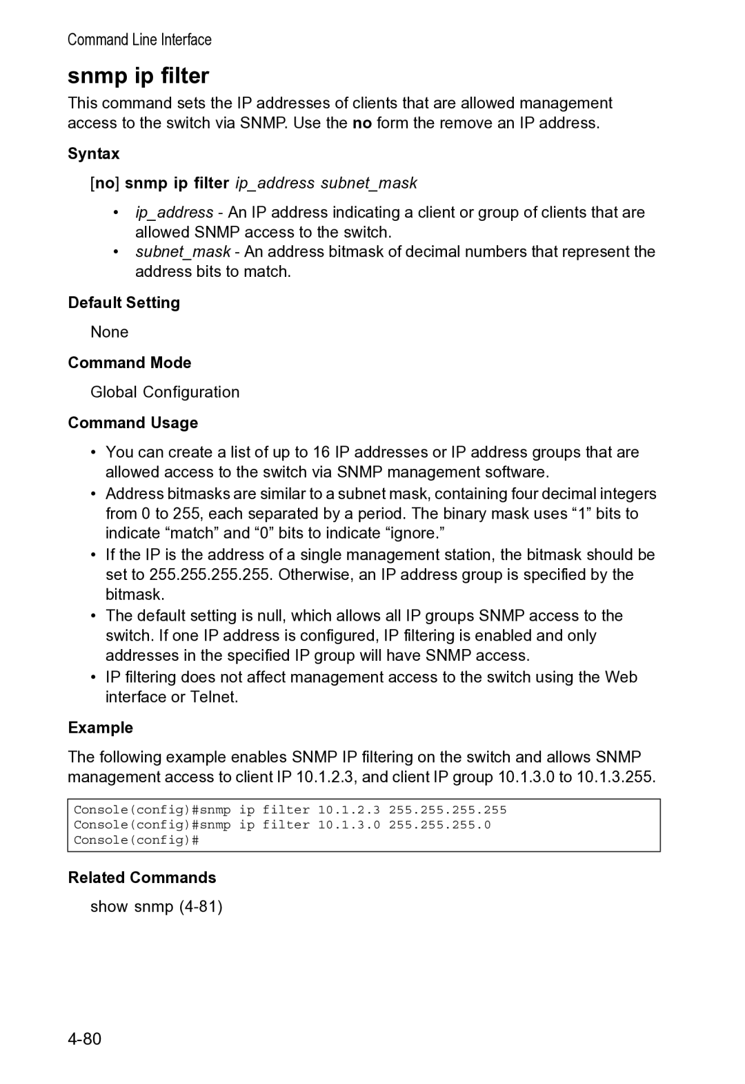 Accton Technology VS4512DC manual Snmp ip filter, No snmp ip filter ipaddress subnetmask 