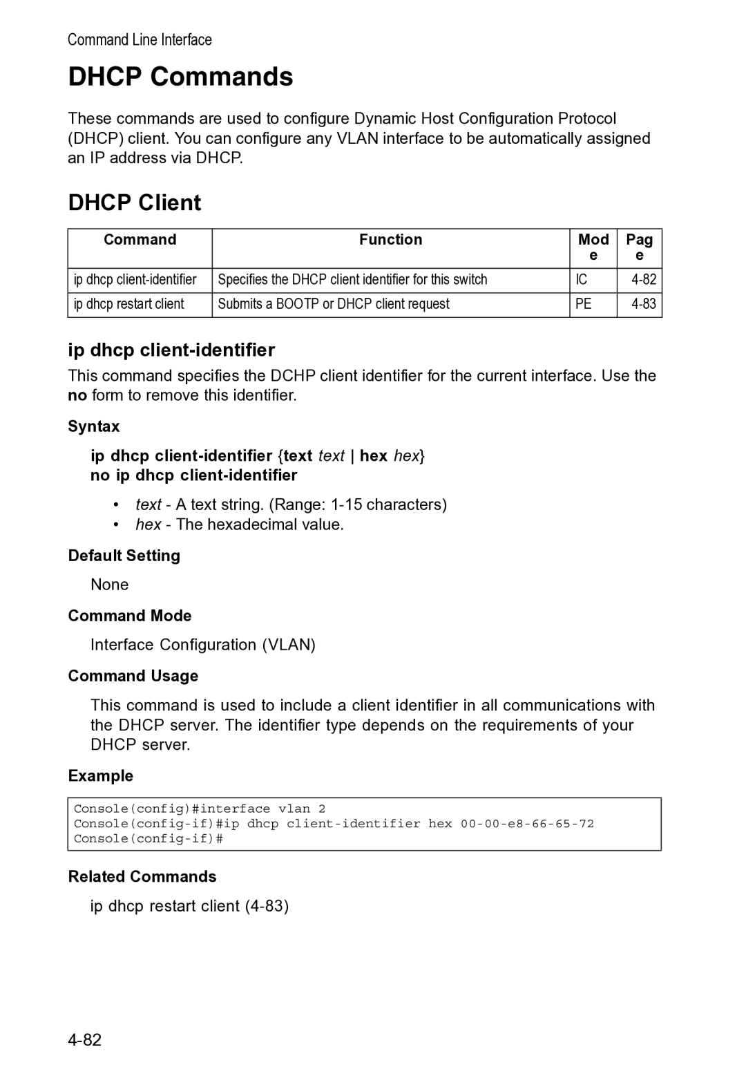 Accton Technology VS4512DC manual Dhcp Commands, Dhcp Client, Ip dhcp client-identifier, Command Function Mod Pag 