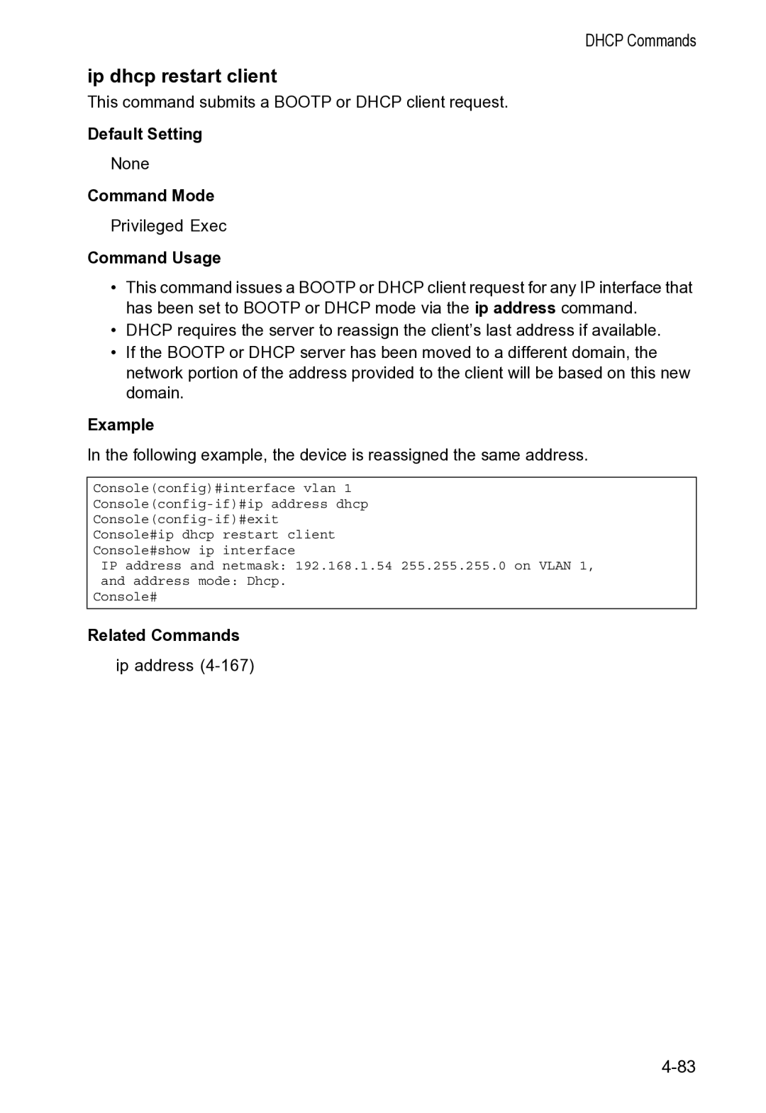 Accton Technology VS4512DC manual Ip dhcp restart client 