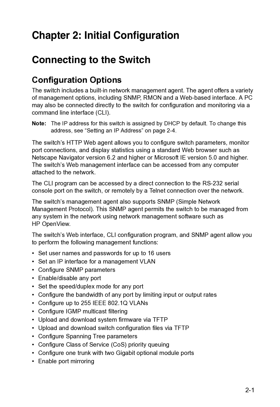 Accton Technology VS4512DC manual Connecting to the Switch, Configuration Options 