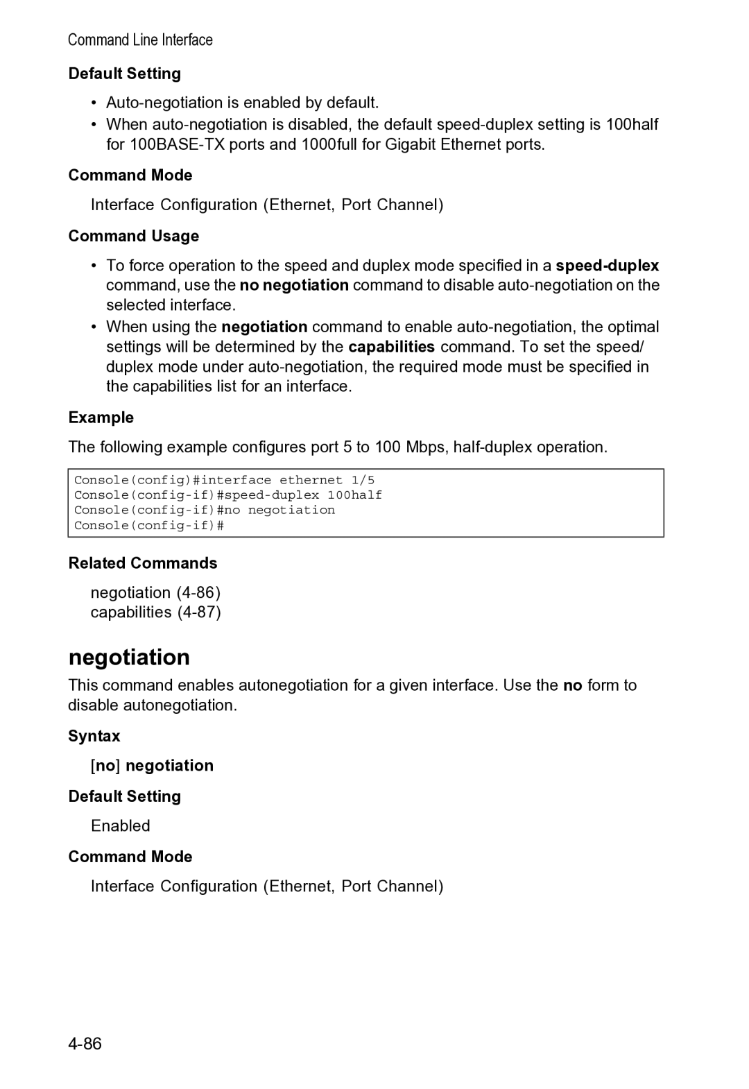 Accton Technology VS4512DC manual Negotiation, Syntax No negotiation Default Setting 