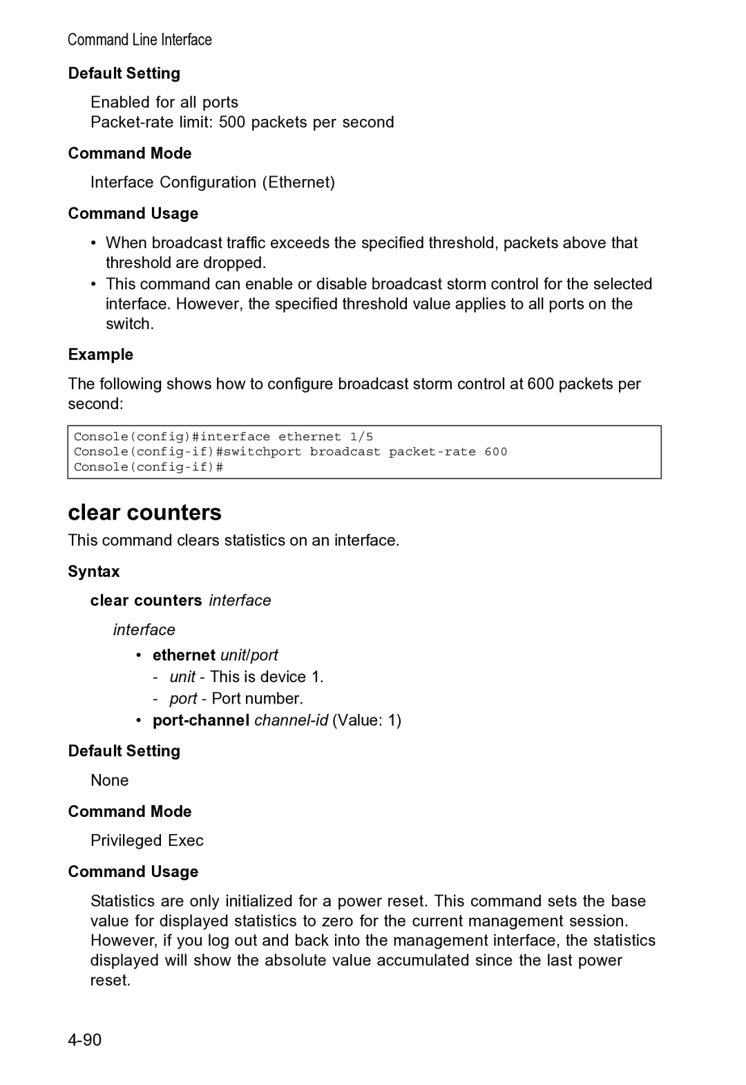 Accton Technology VS4512DC manual Syntax Clear counters interface, Port-channel channel-idValue Default Setting 