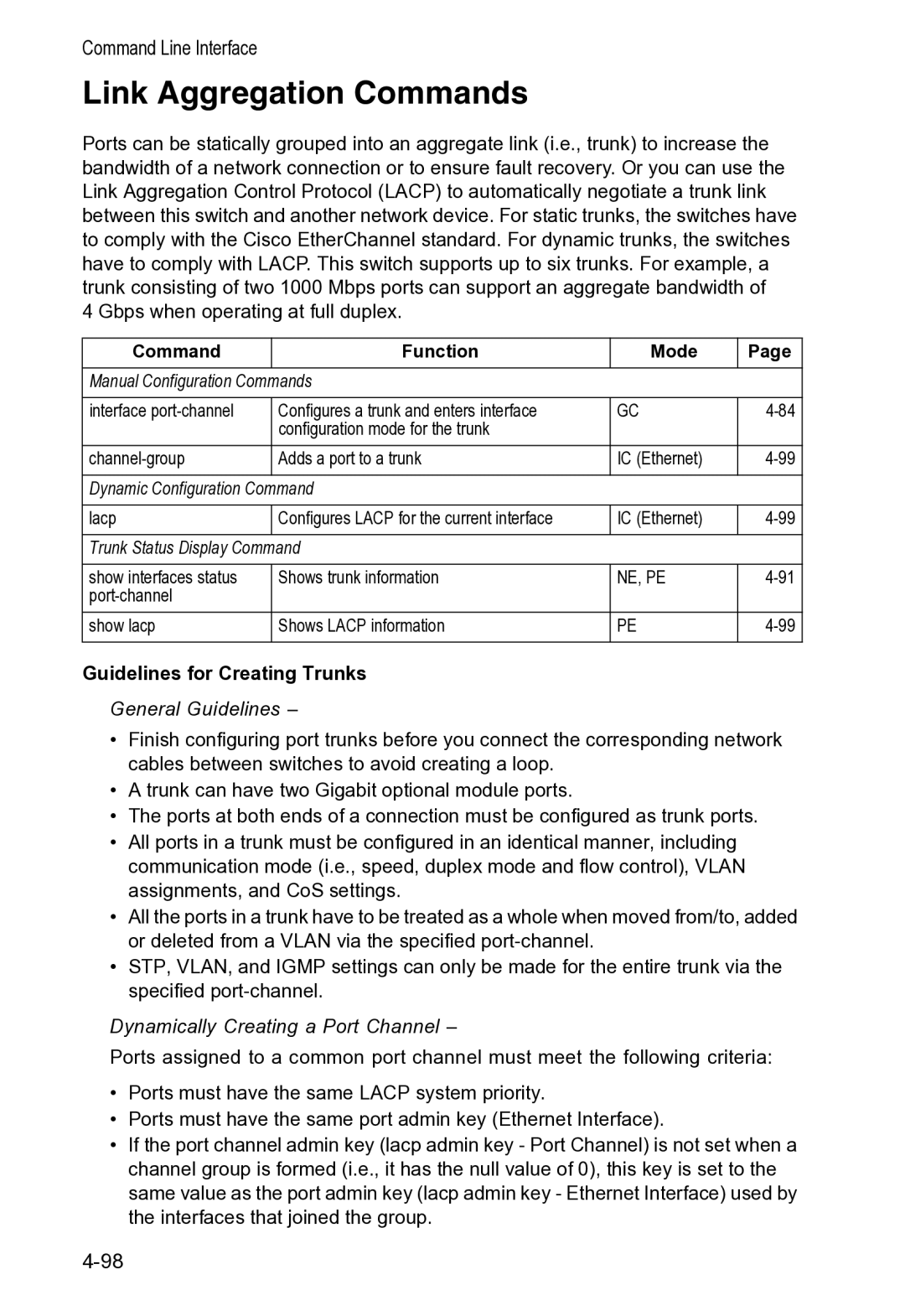 Accton Technology VS4512DC manual Link Aggregation Commands, Guidelines for Creating Trunks 