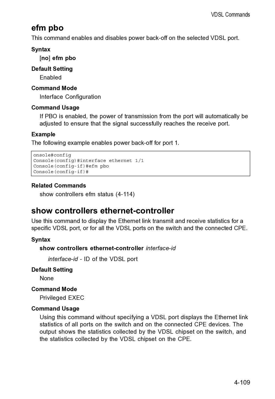 Accton Technology VS4512DC manual Efm pbo, Show controllers ethernet-controller, Syntax No efm pbo Default Setting 