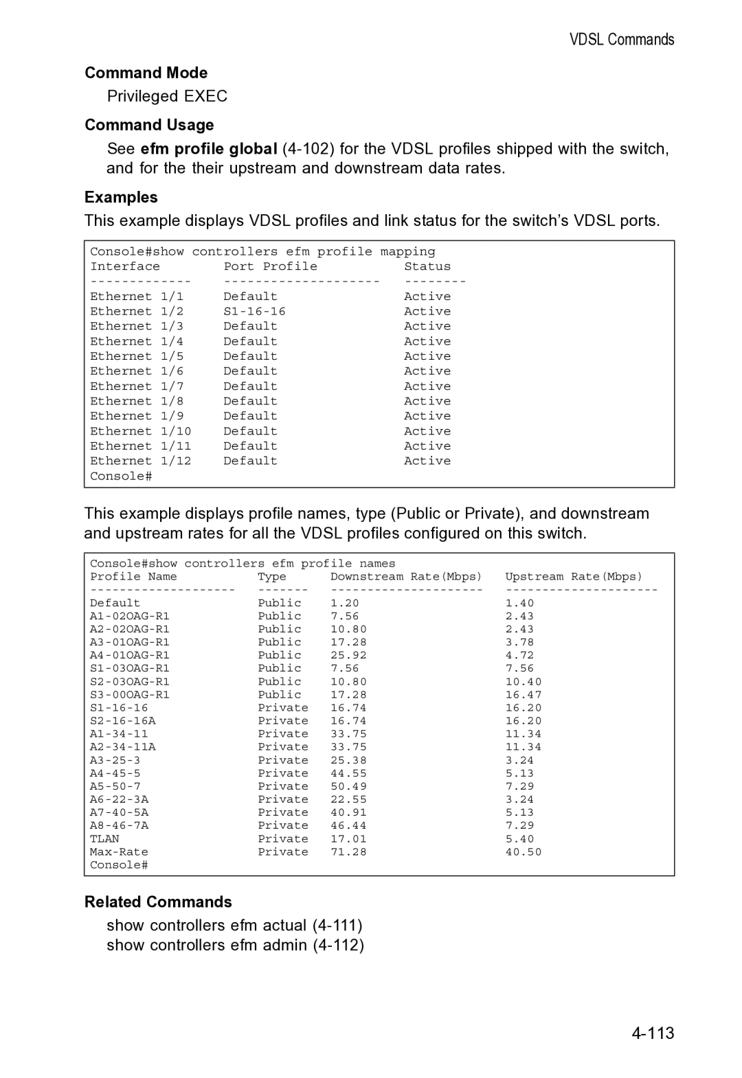 Accton Technology VS4512DC manual Show controllers efm actual 4-111 show controllers efm admin 