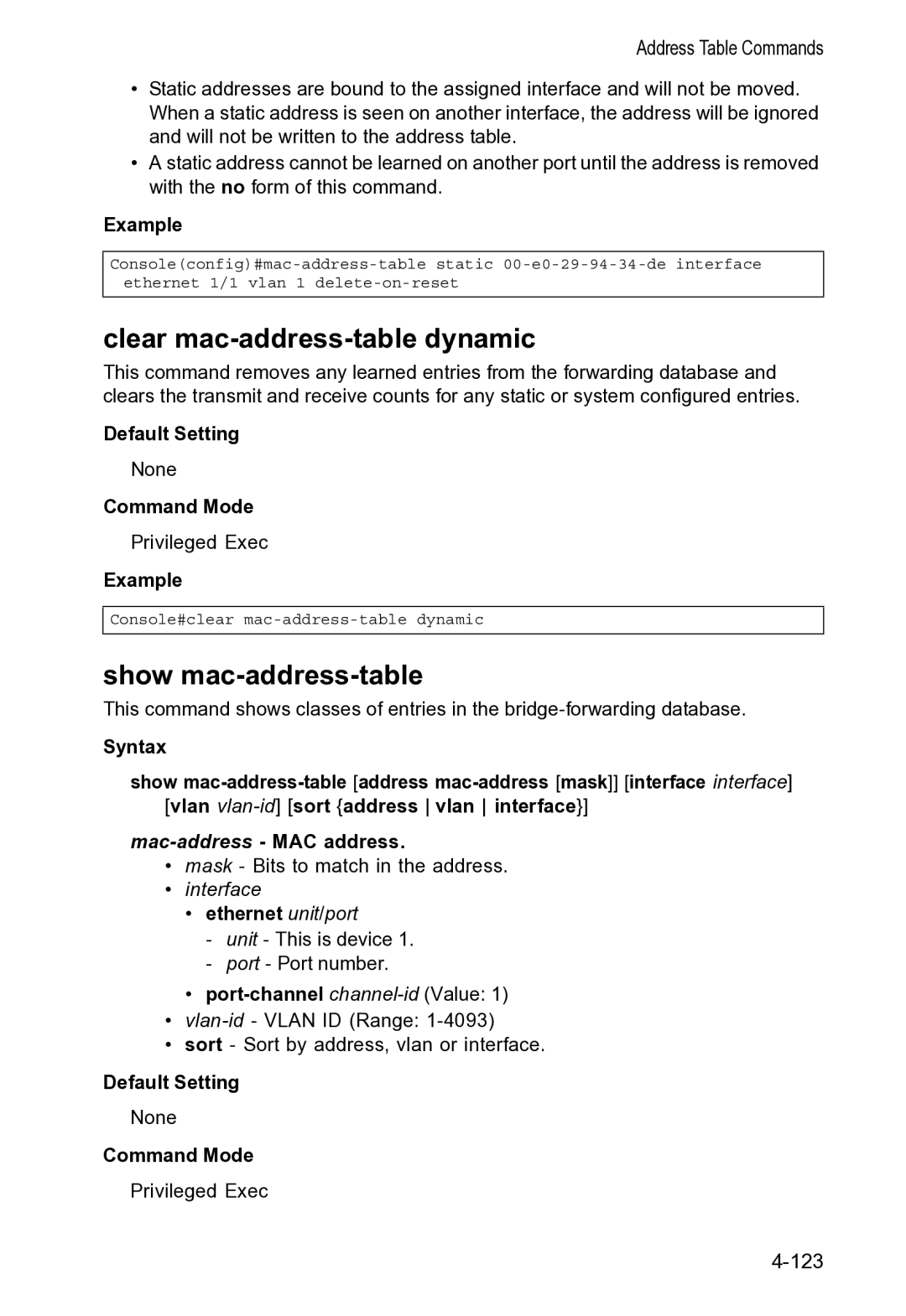 Accton Technology VS4512DC manual Clear mac-address-table dynamic, Show mac-address-table 