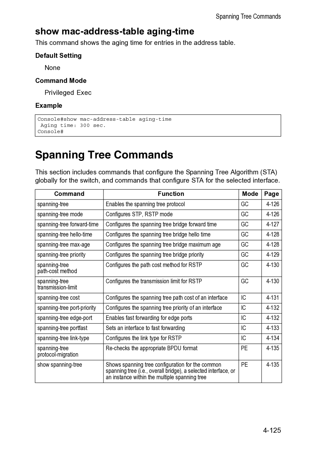 Accton Technology VS4512DC manual Spanning Tree Commands, Show mac-address-table aging-time 