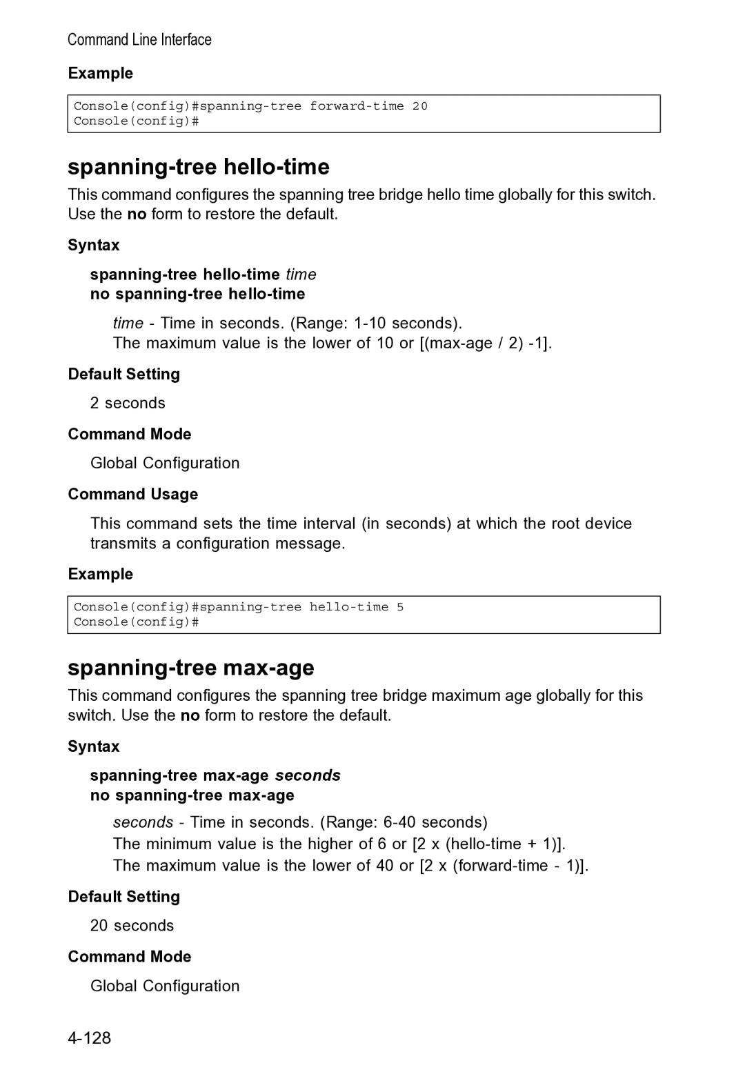 Accton Technology VS4512DC manual Spanning-tree hello-time, Spanning-tree max-age 