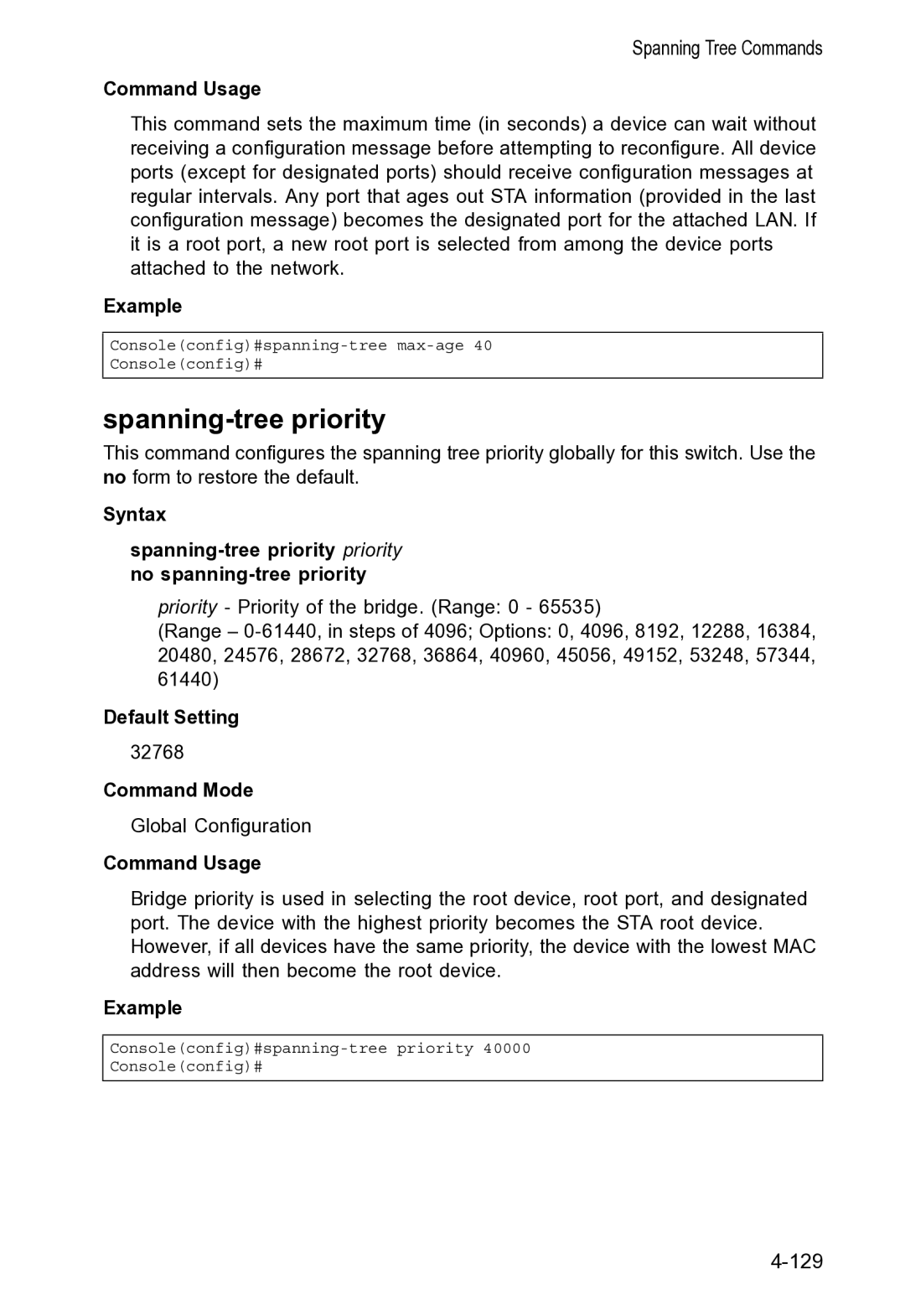 Accton Technology VS4512DC manual Spanning-tree priority 