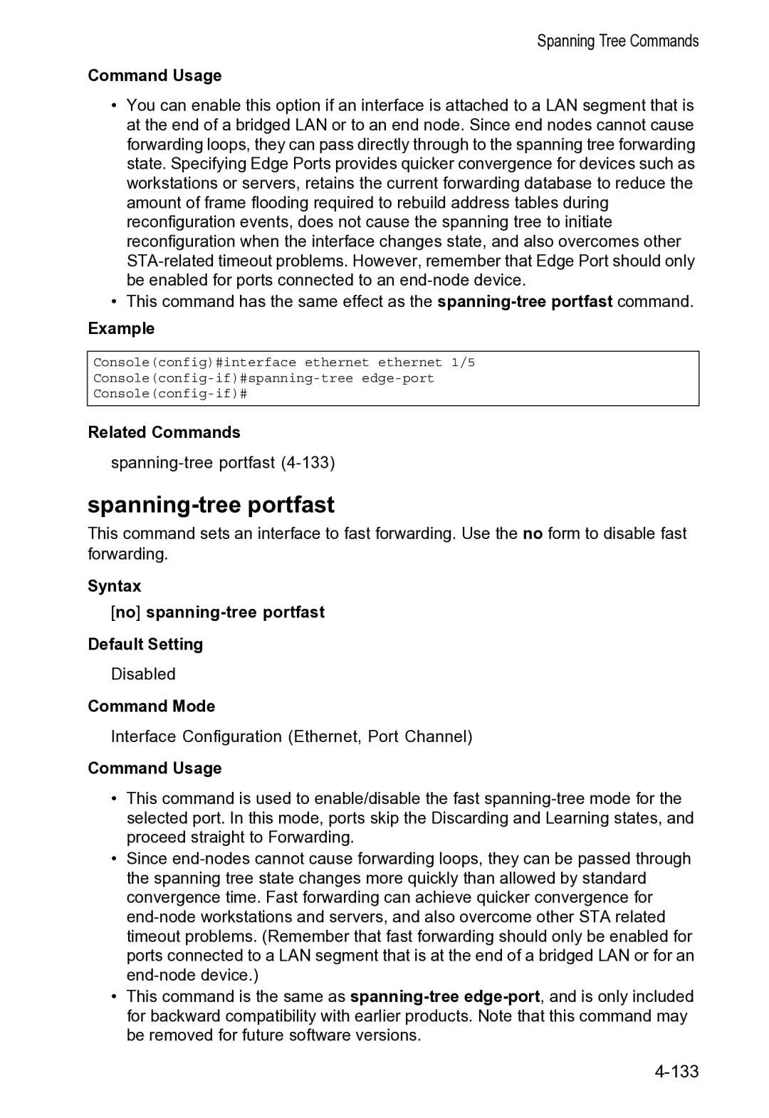 Accton Technology VS4512DC manual Spanning-tree portfast, Syntax No spanning-tree portfast Default Setting 