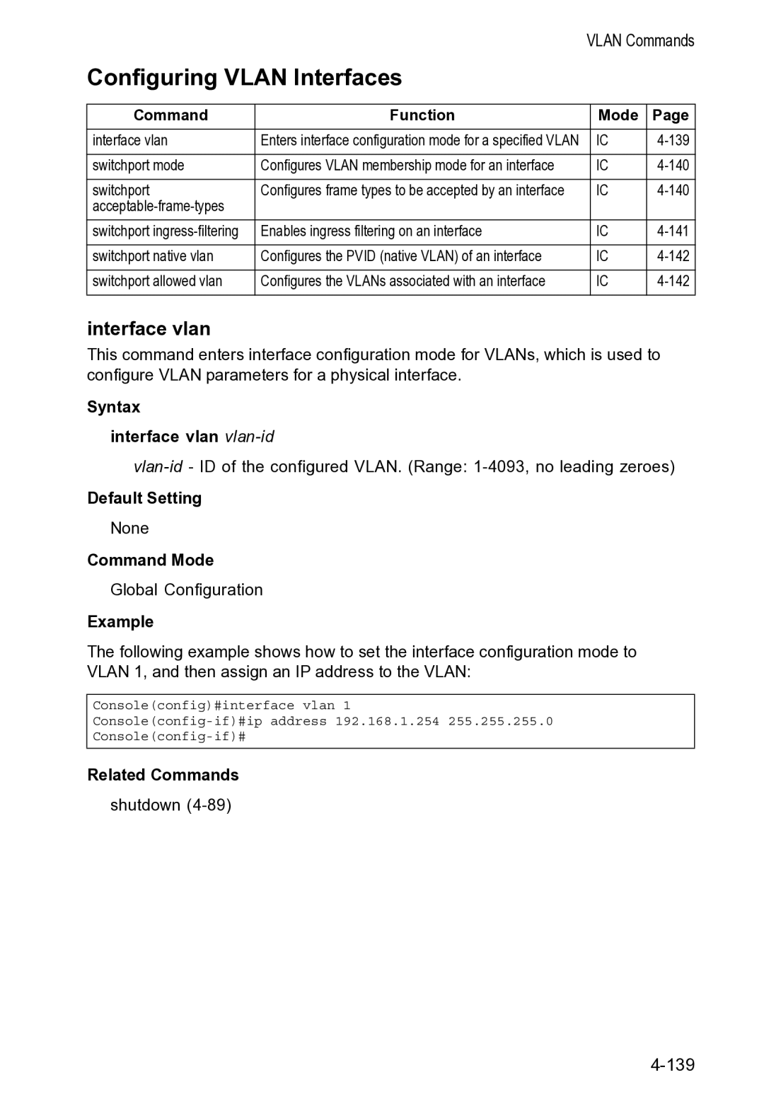 Accton Technology VS4512DC manual Configuring Vlan Interfaces, Syntax Interface vlan vlan-id 