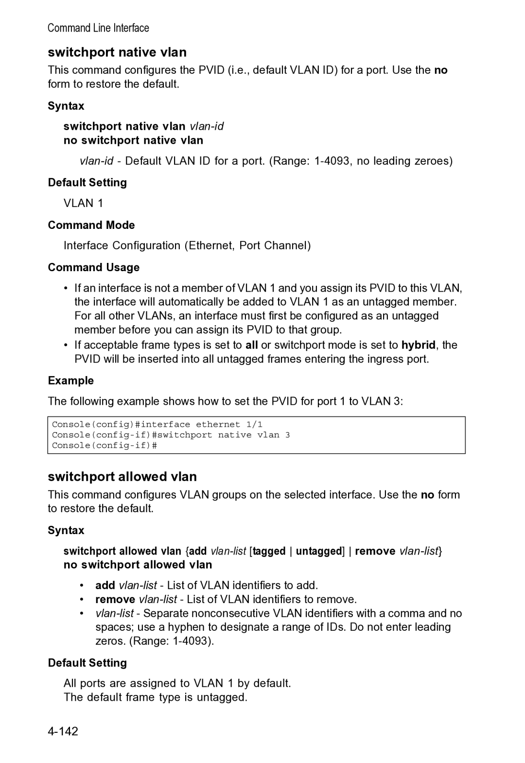 Accton Technology VS4512DC manual Switchport native vlan, Switchport allowed vlan 